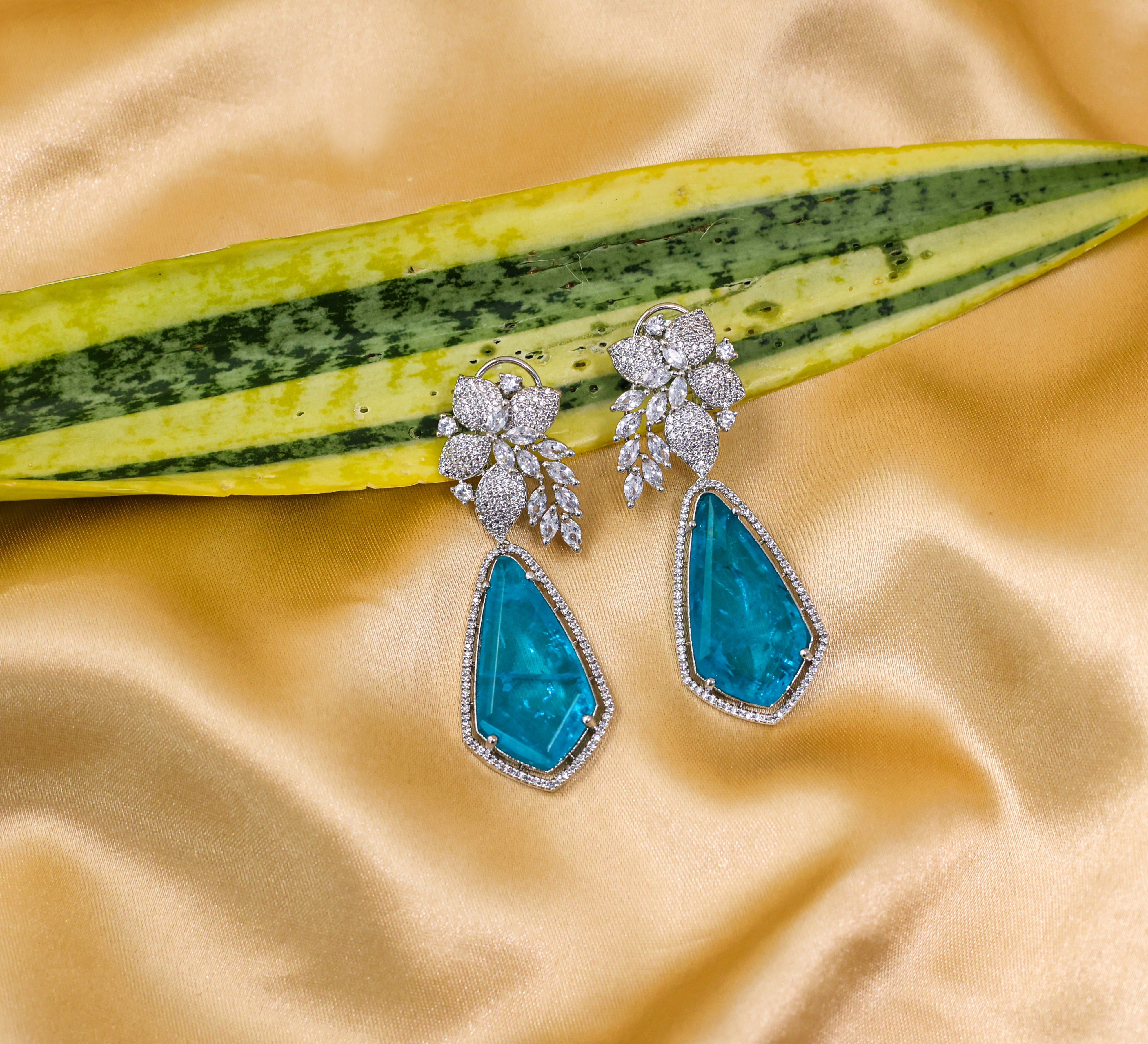 Beaded Earrings with Doublet Stones and CZ in White Rhodium - Adisha Jewels