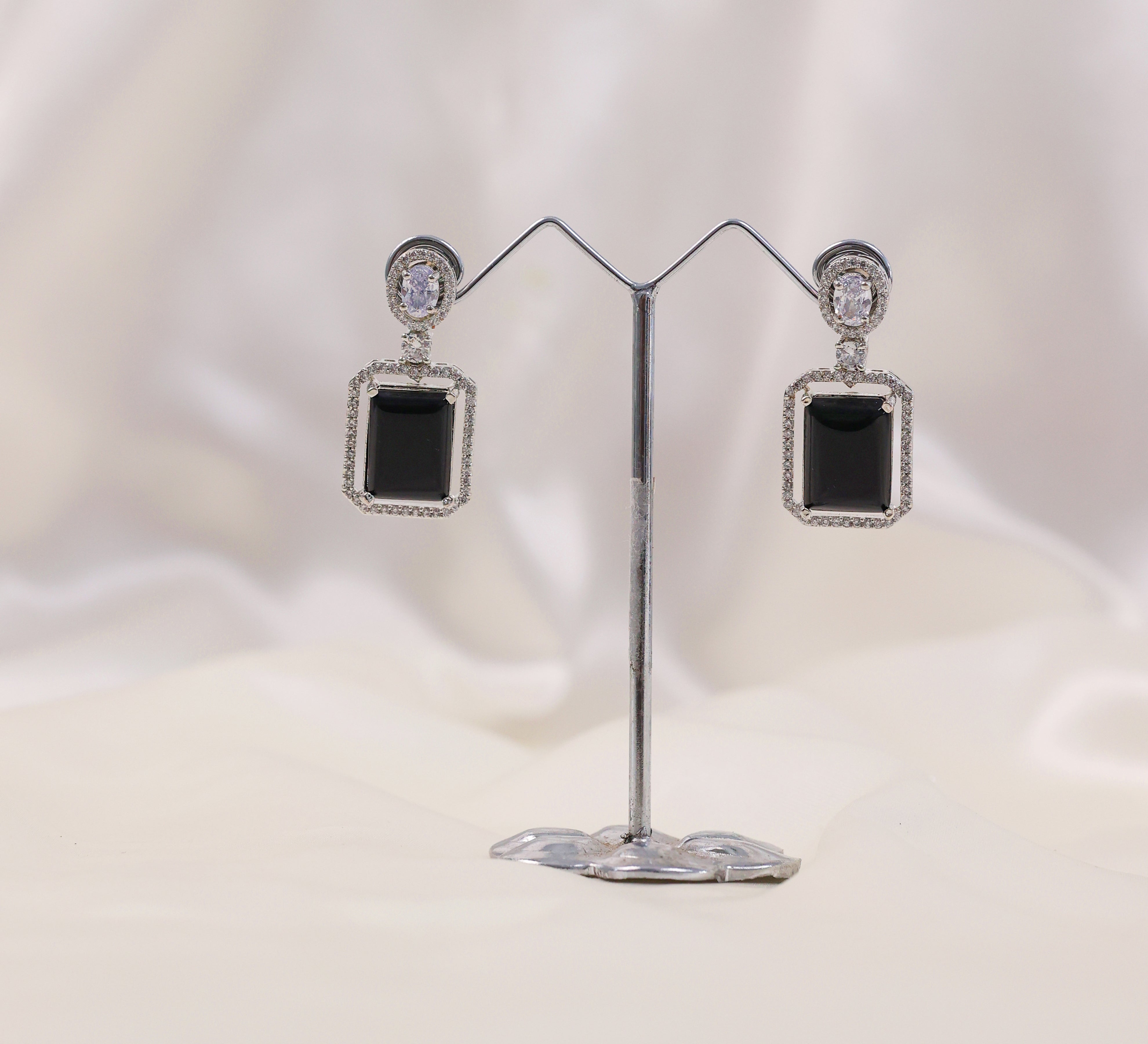 Earrings with Doublet Potta Stones and CZ Accents in White Rhodium - Adisha Jewels