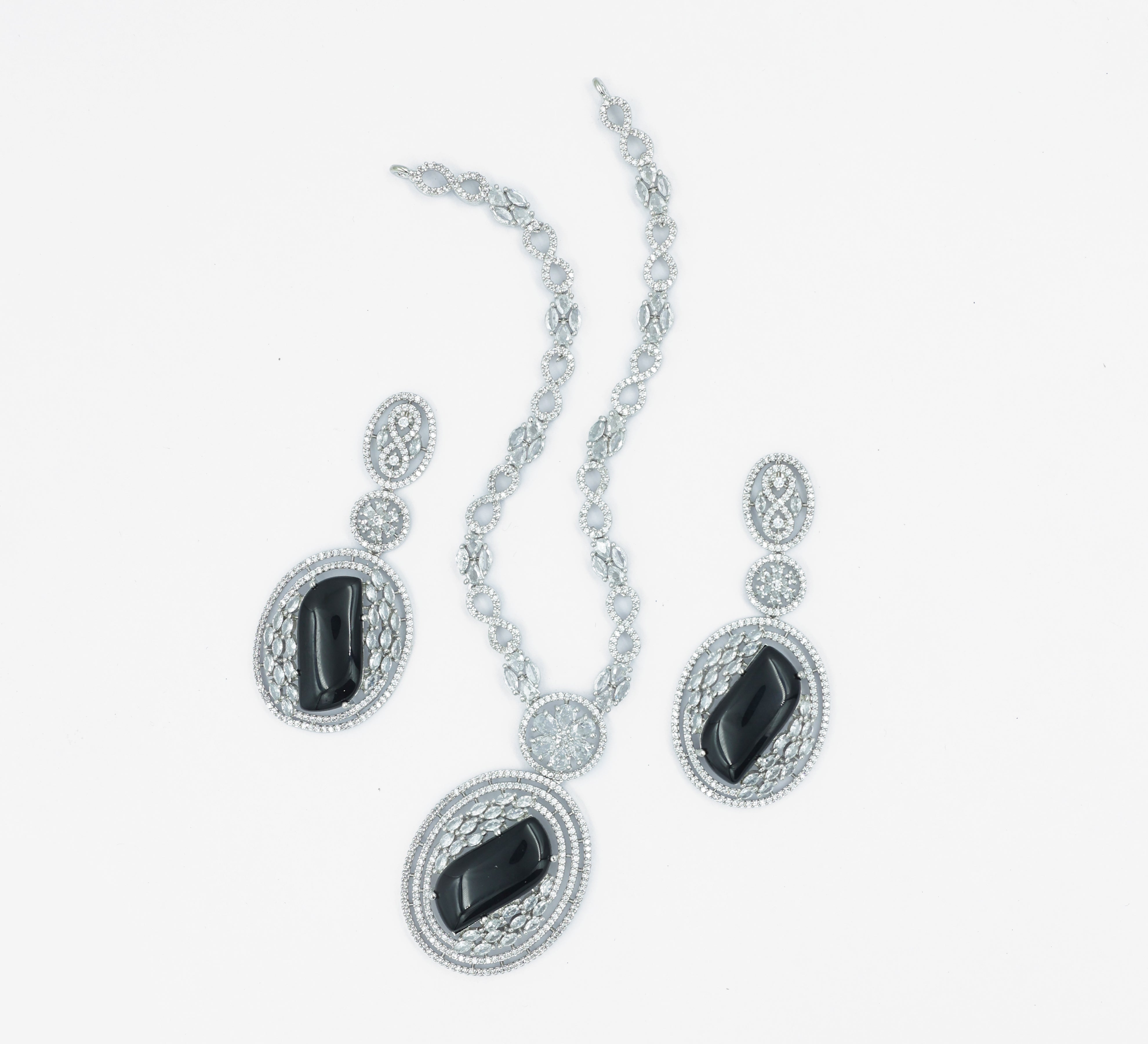 White Rhodium Necklace Set with Cubic Zirconia and Hydro Stones - Adisha Jewels