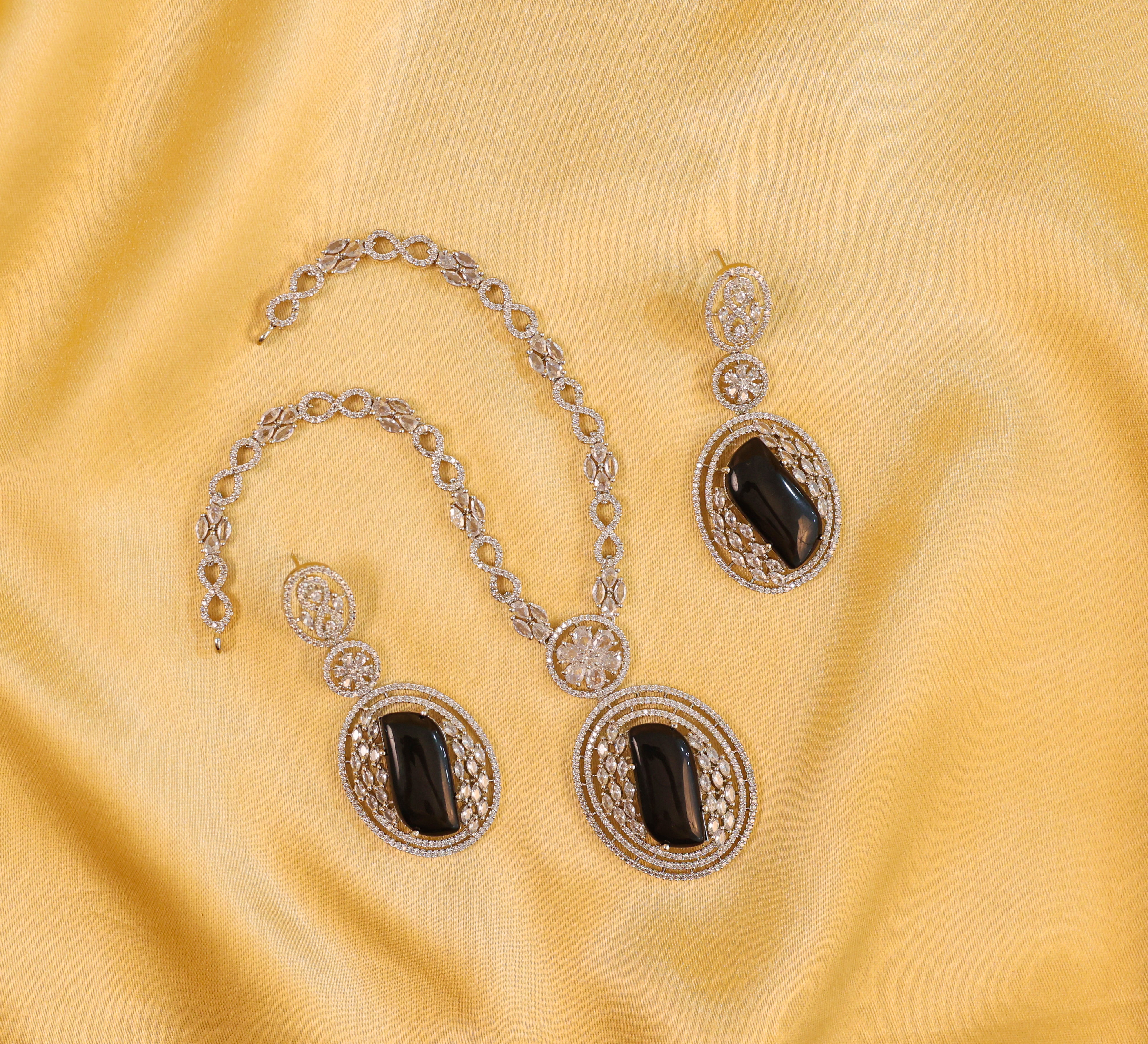 White Rhodium Necklace Set with Cubic Zirconia and Hydro Stones - Adisha Jewels