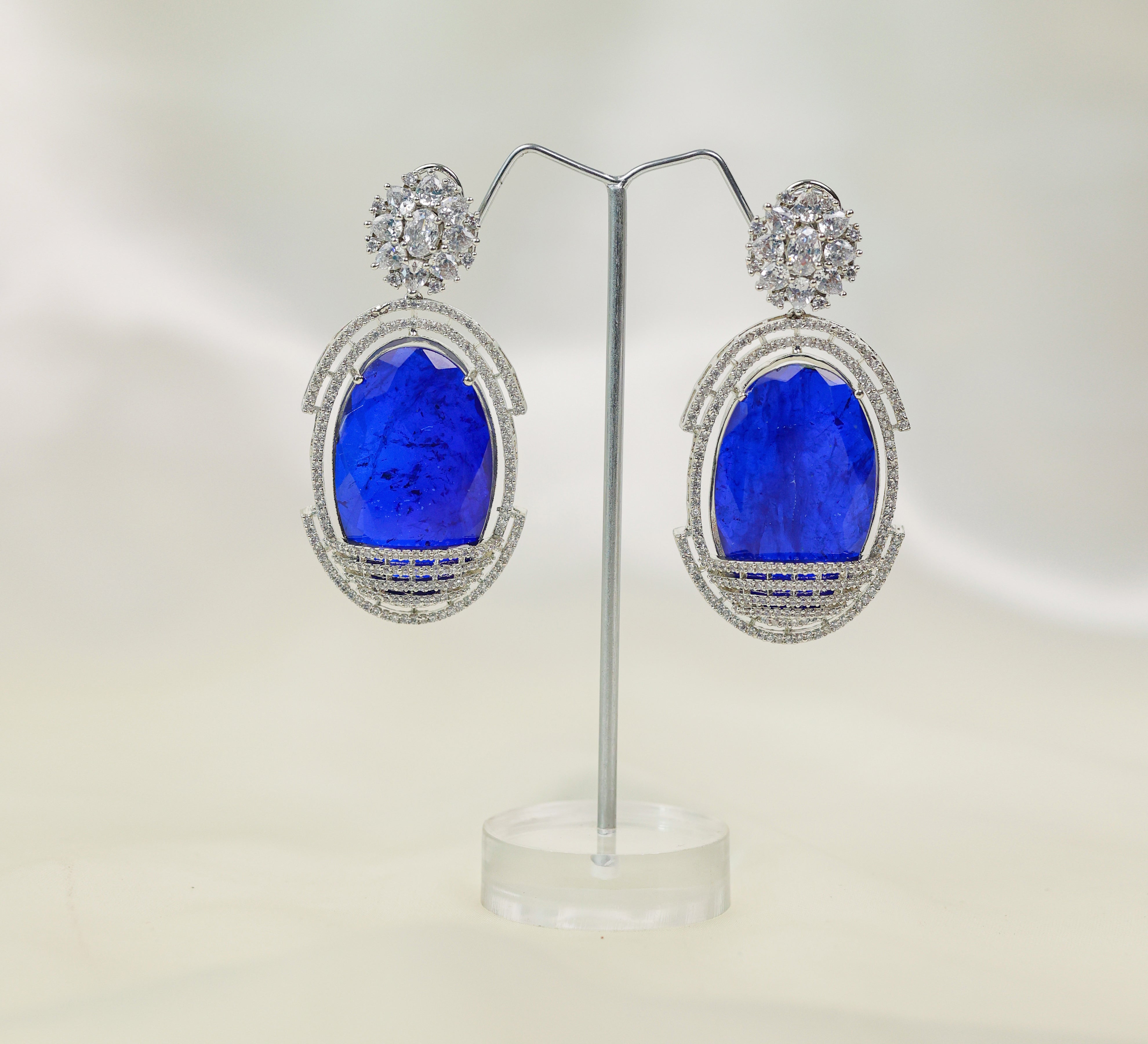 Doublet Stones Earrings with White Rhodium Plating - Adisha Jewels