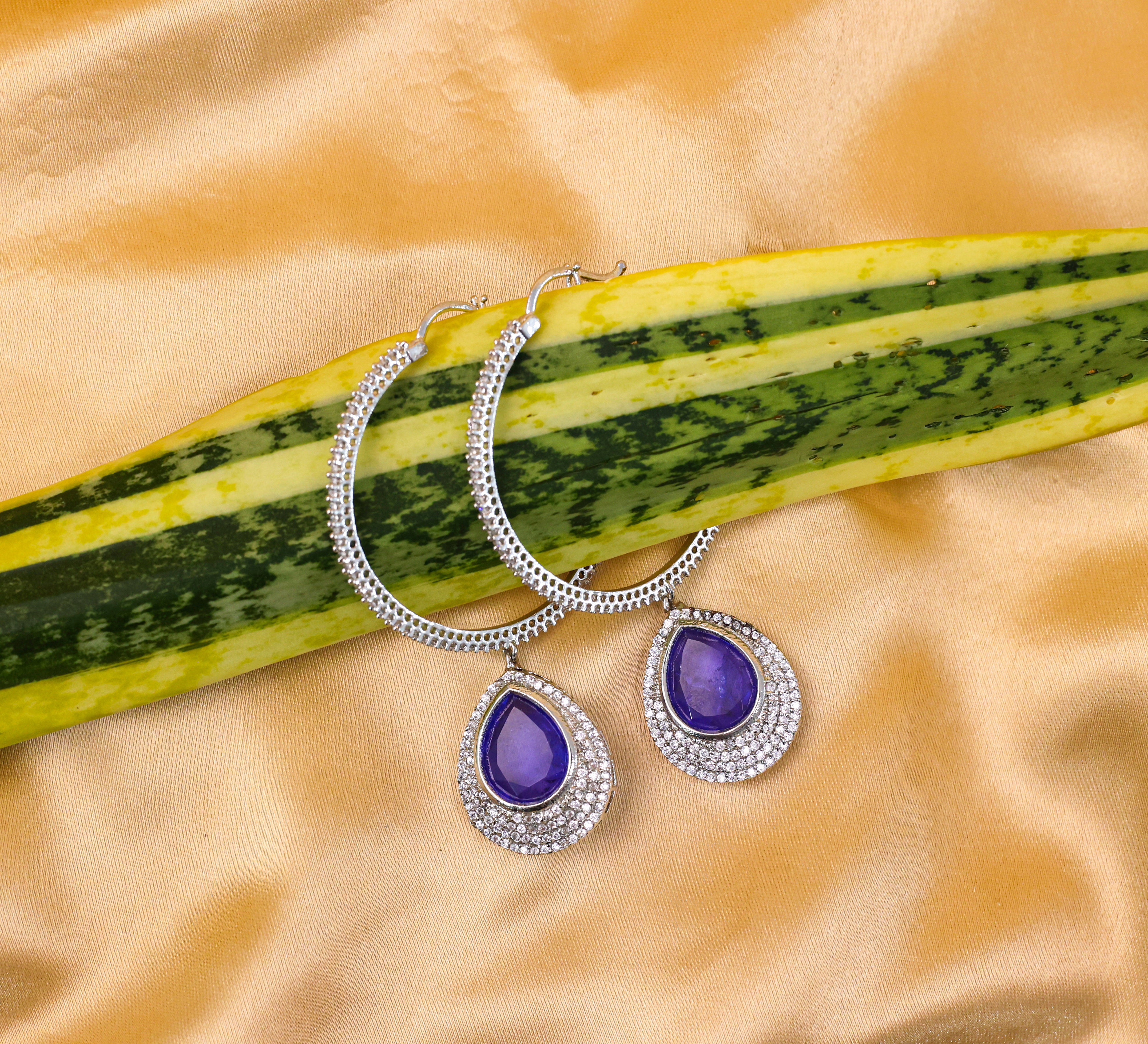 Bali-Style Earrings with Doublet Stones and CZ Accents in White Rhodium - Adisha Jewels