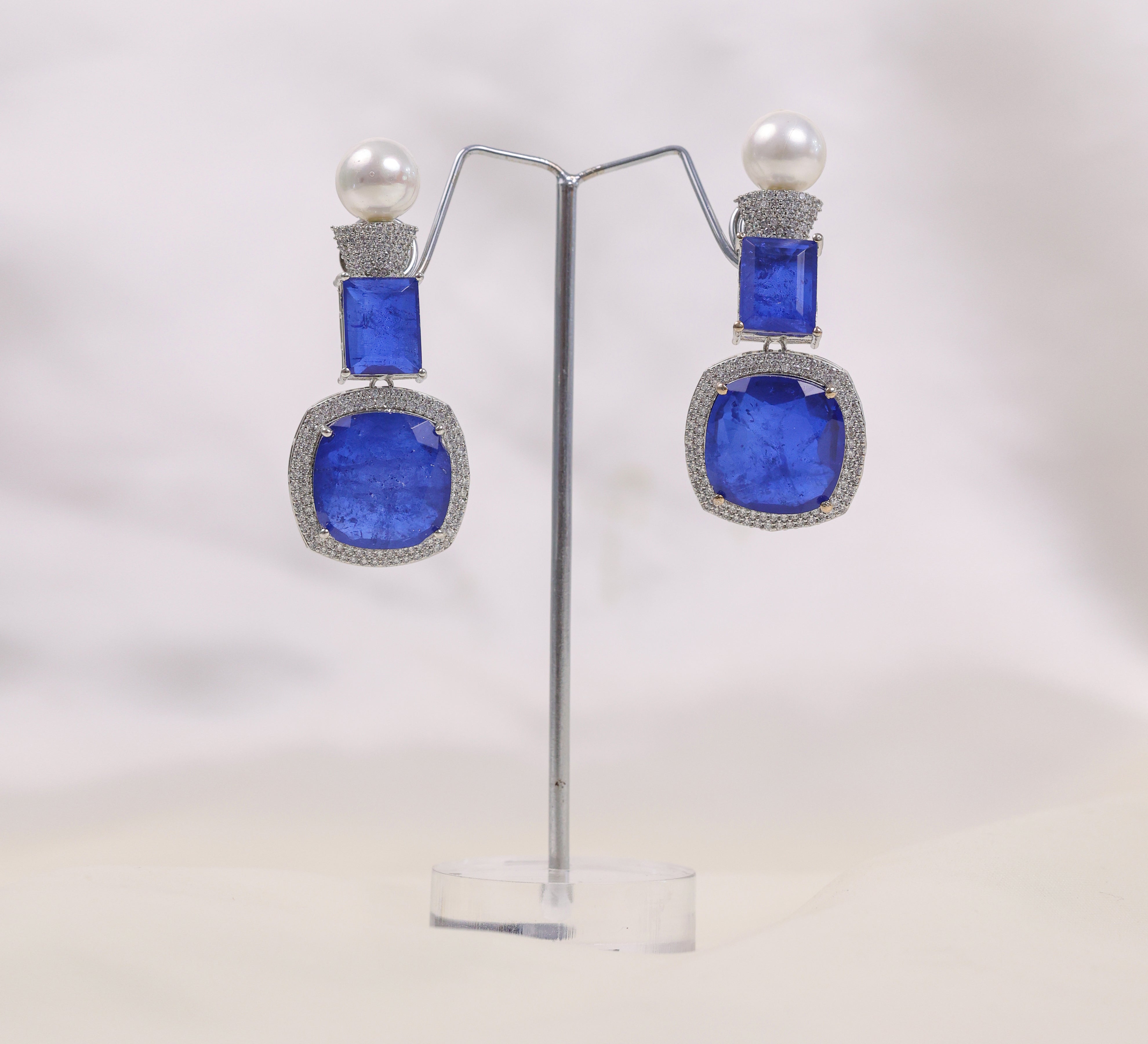 Earrings with Doublet Stones and CZ Accents in White Rhodium - Adisha Jewels