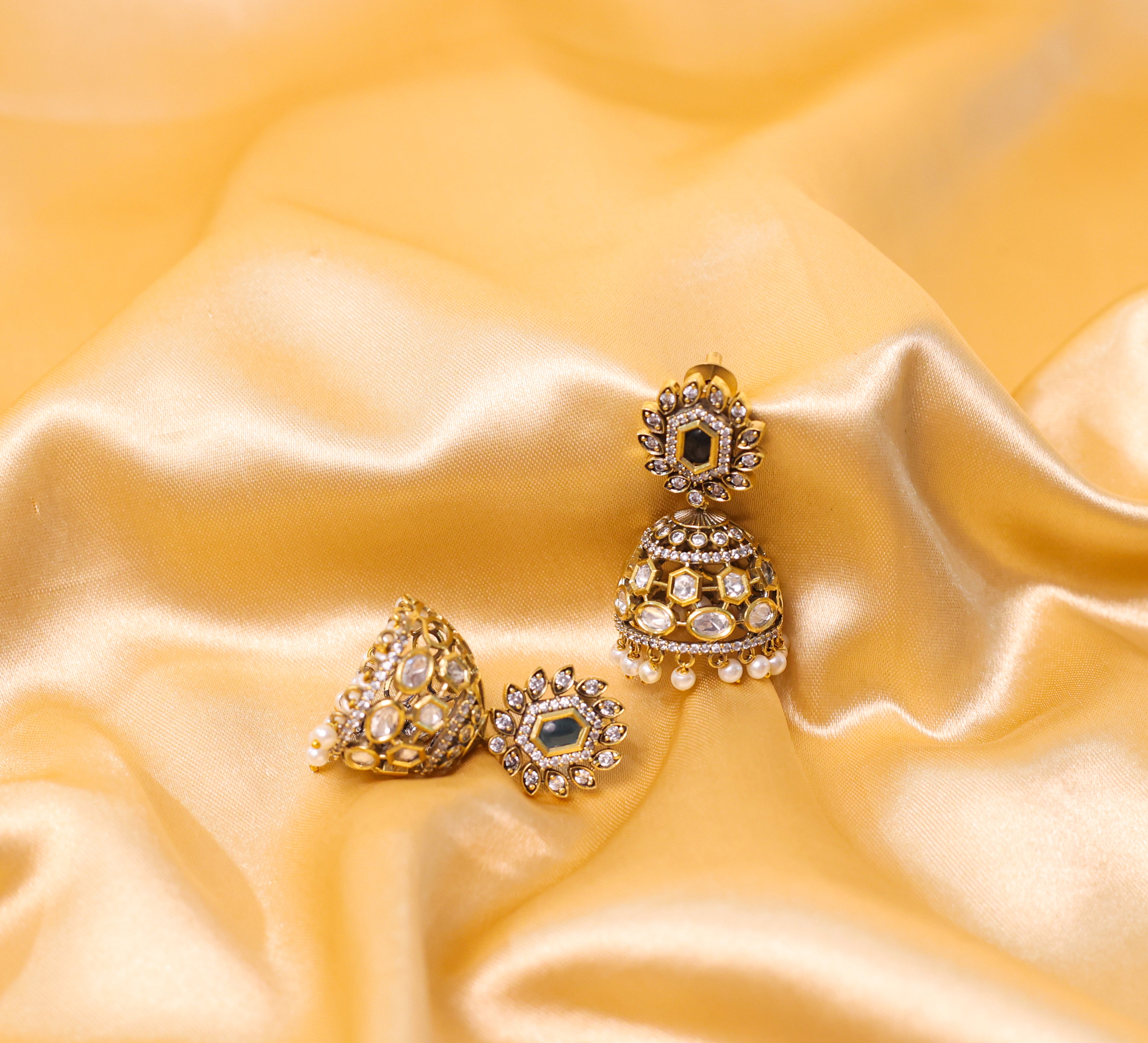 Silver Foil Victorian Jhumki Earrings with Kundan Polki and Hydro Stones - Adisha Jewels