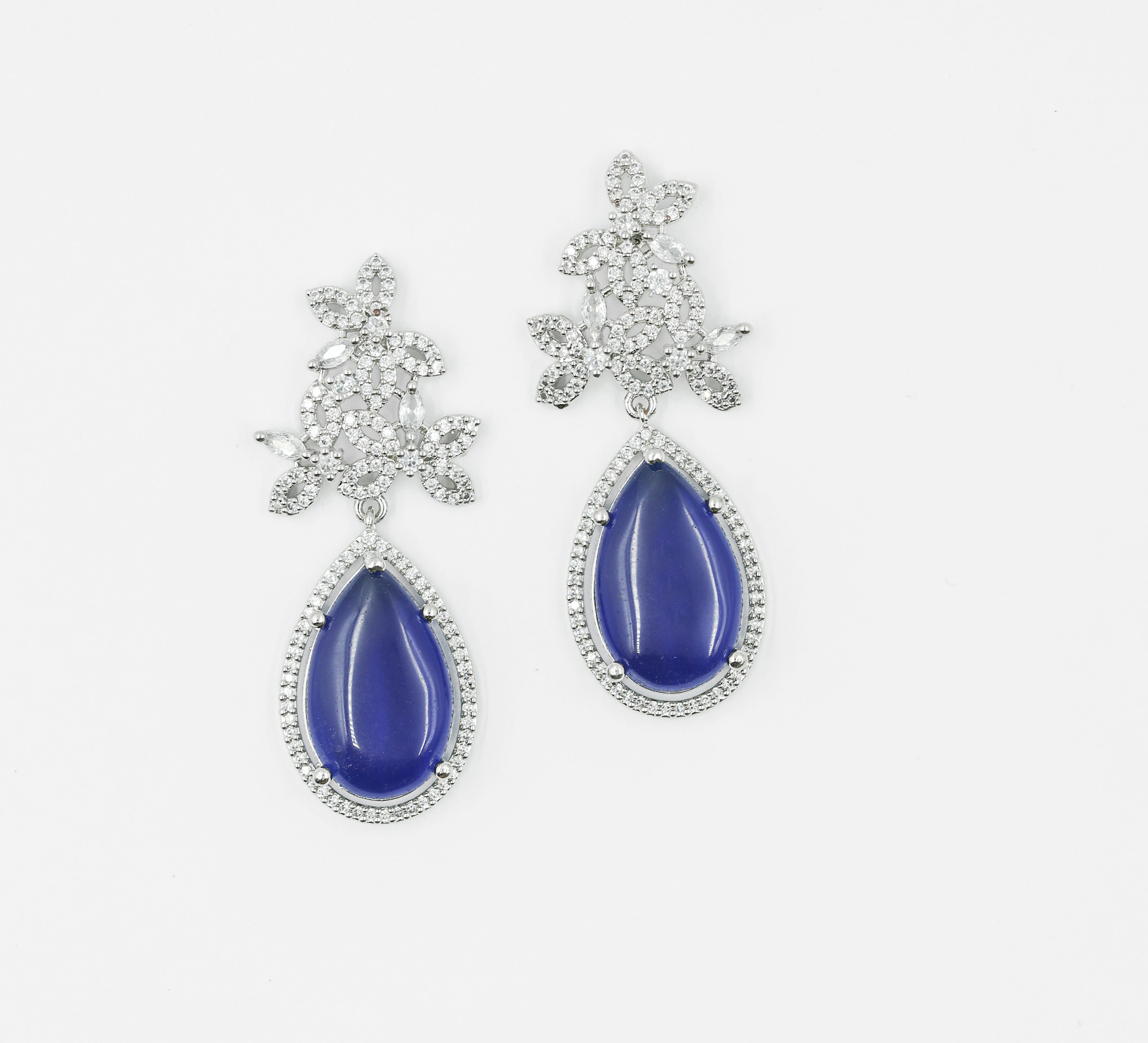 Hydro Stones Earrings with White Rhodium Plating - Adisha Jewels