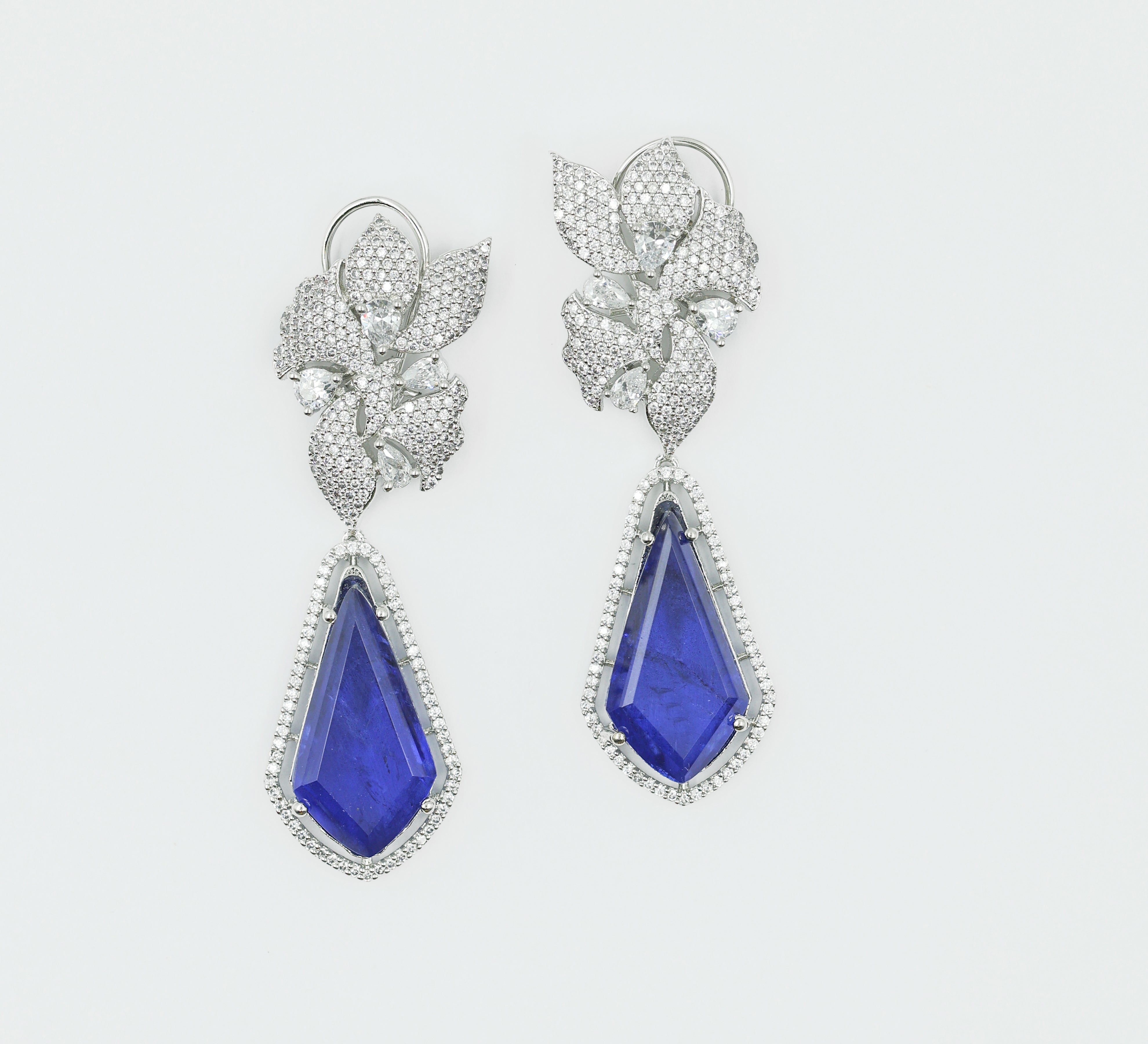 Doublet Stones Earrings with White Rhodium Plating - Adisha Jewels