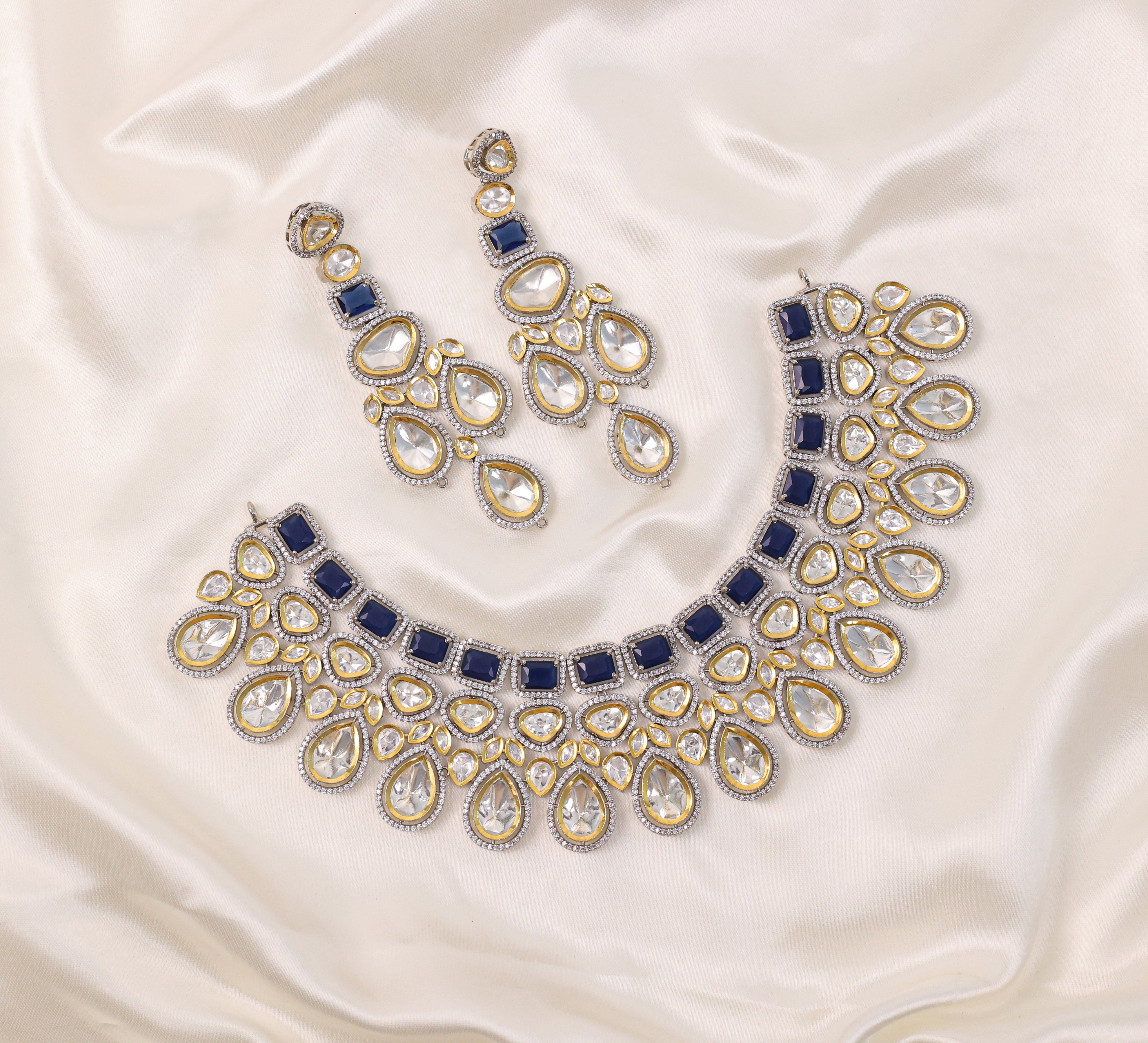 Victorian-Inspired Kundan Polki Necklace Set with Hydro Stones - Adisha Jewels