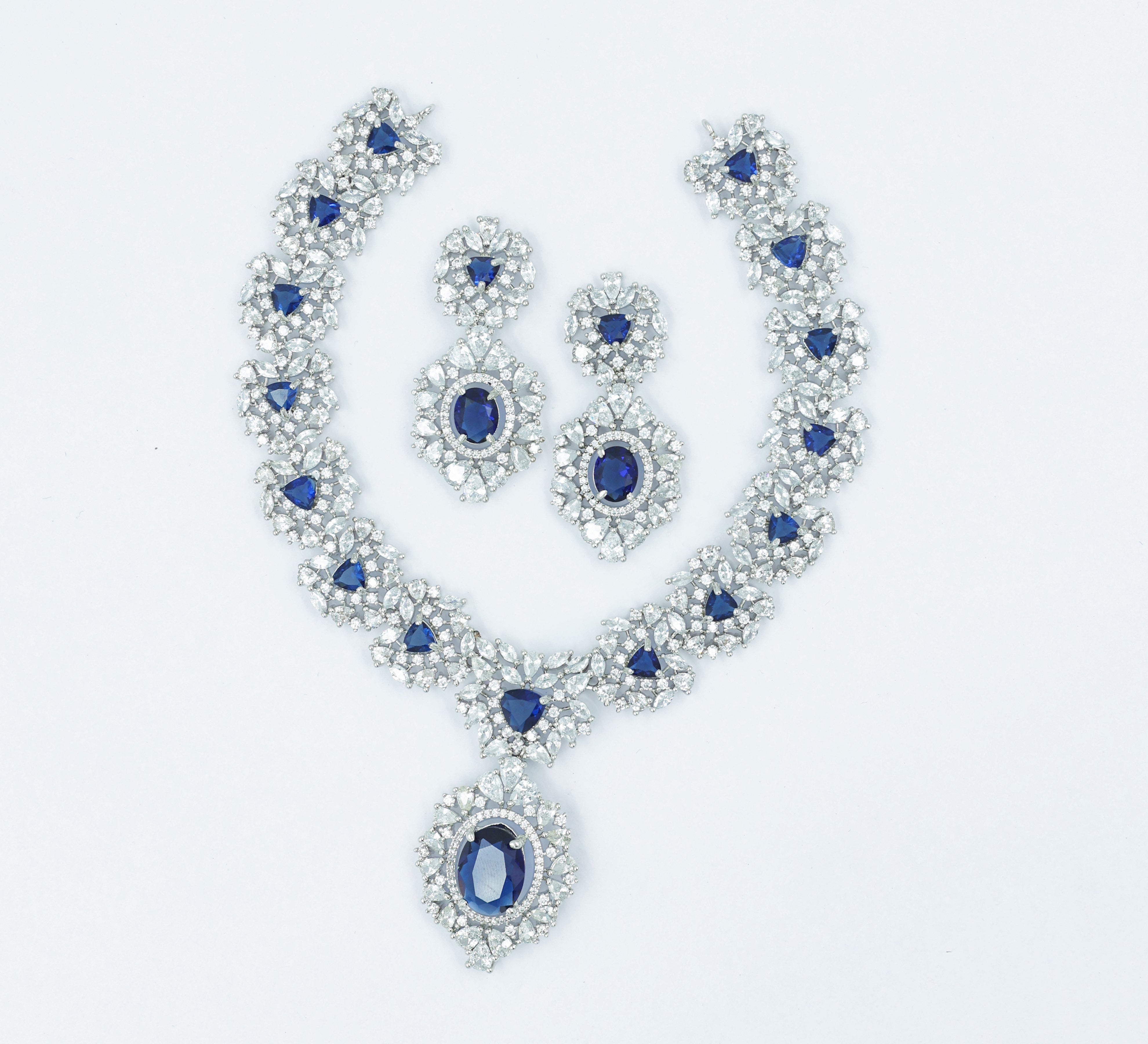 White Rhodium Necklace Set with Cubic Zirconia and Hydro Stones - Adisha Jewels