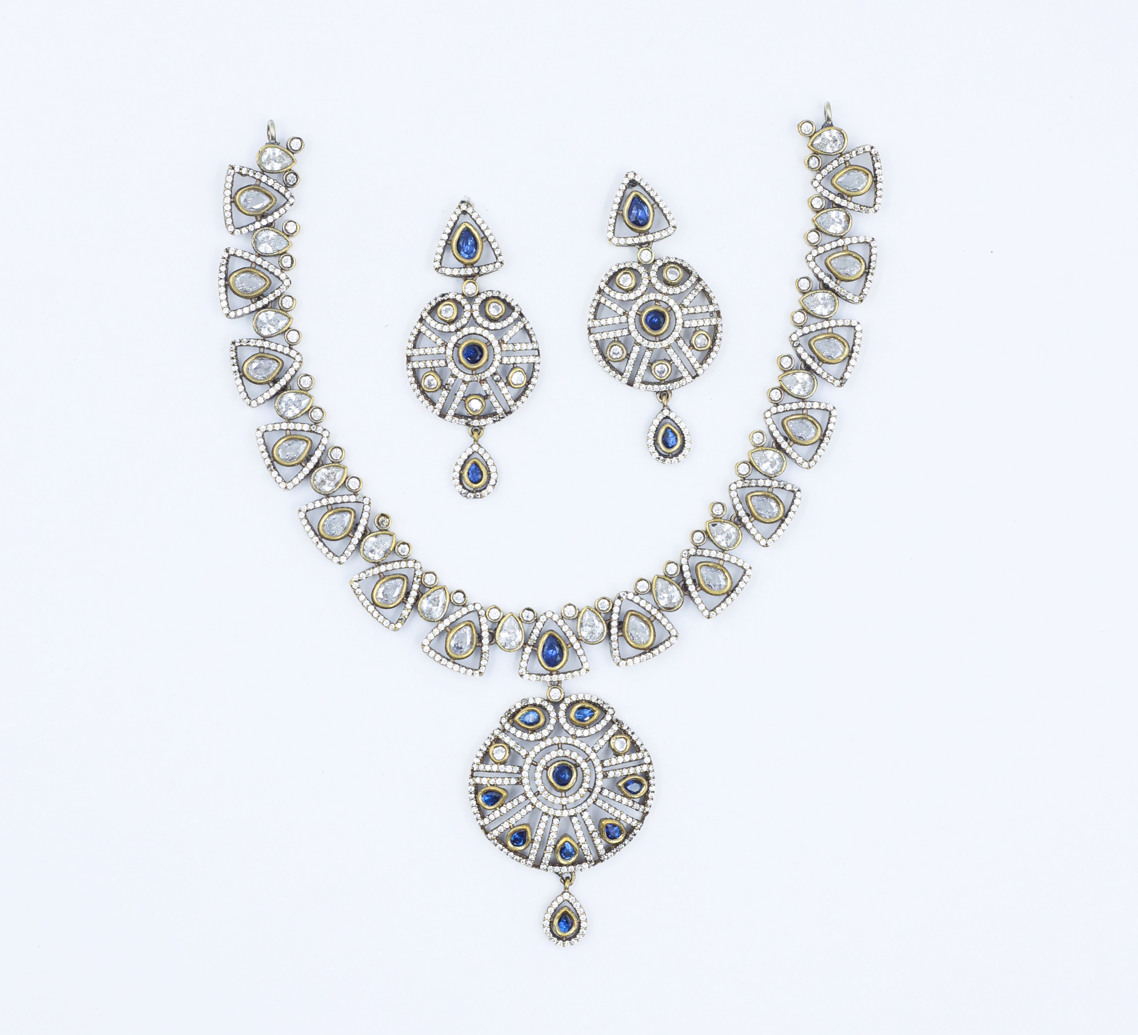 Victorian-Inspired Kundan Polki Necklace Set with Hydro Stones - Adisha Jewels