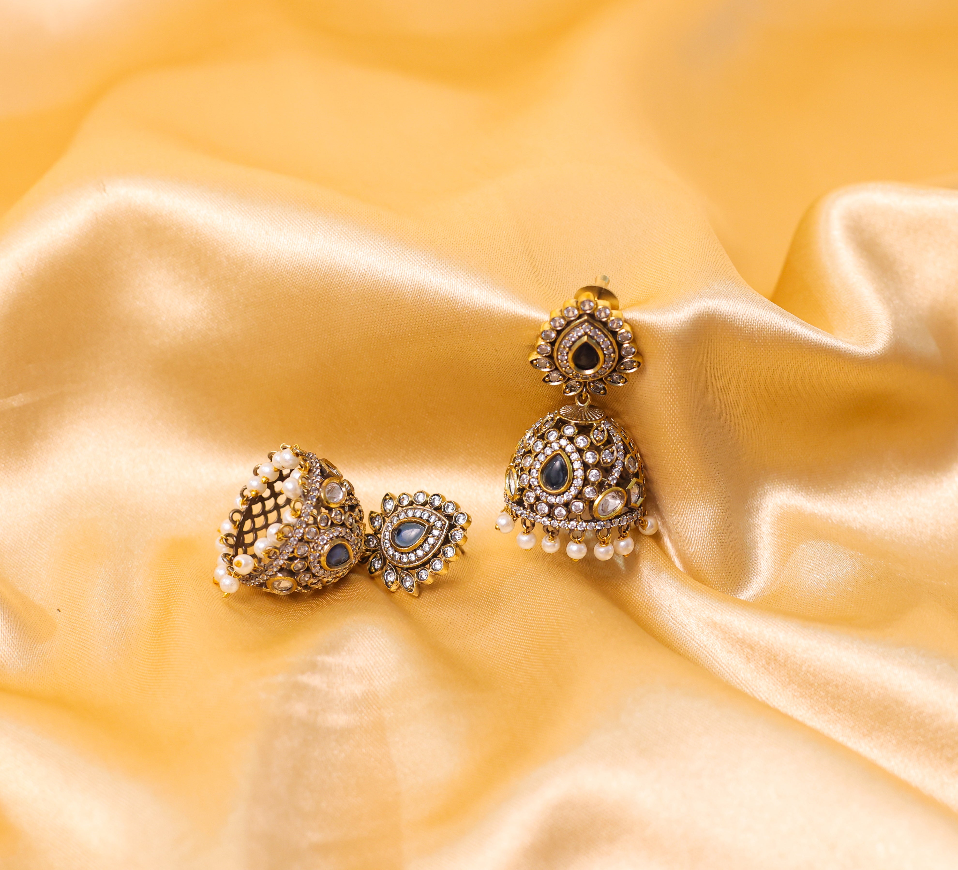 Silver Foil Victorian Jhumki Earrings with Kundan Polki and Hydro Stones - Adisha Jewels