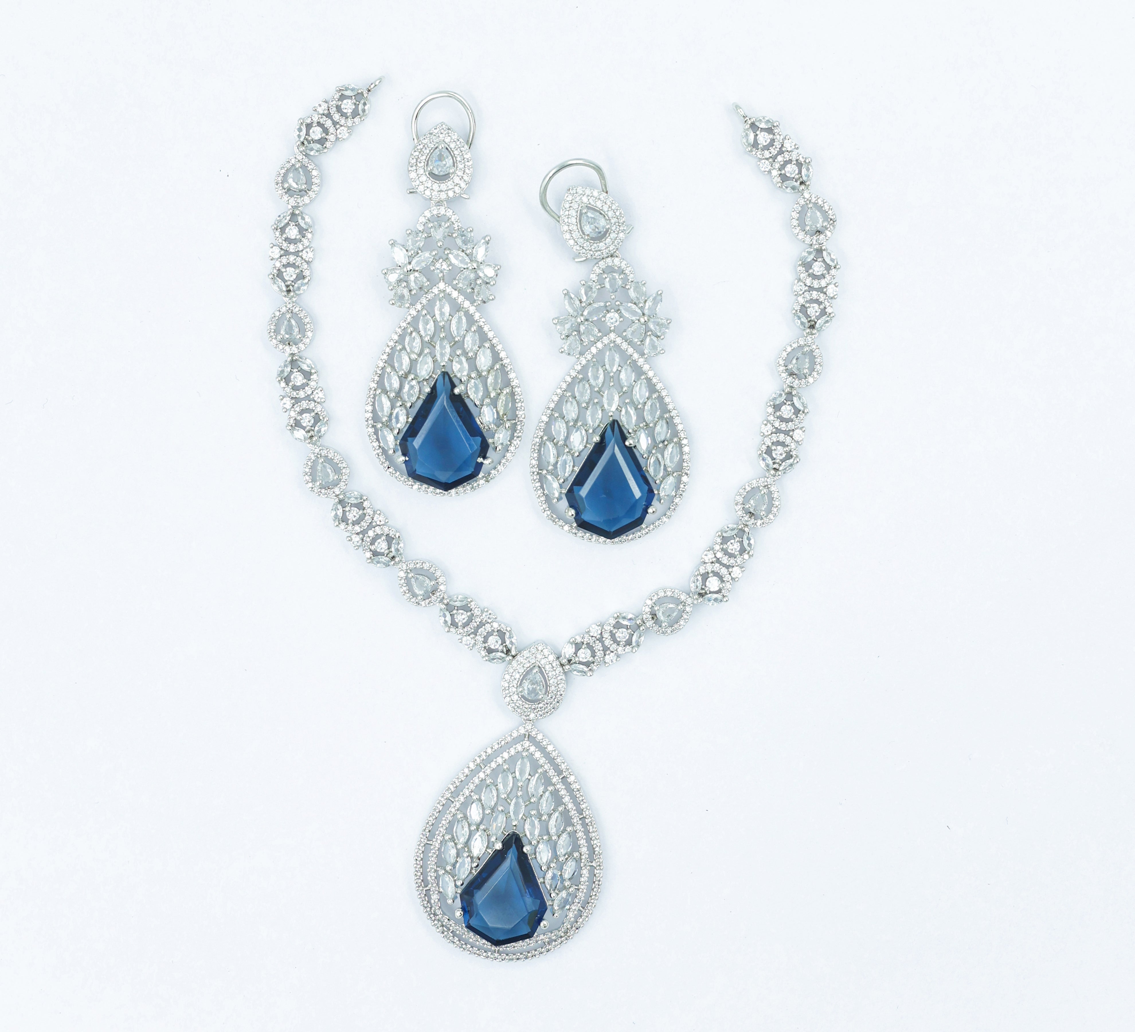 White Rhodium Necklace Set with Cubic Zirconia and Hydro Stones - Adisha Jewels