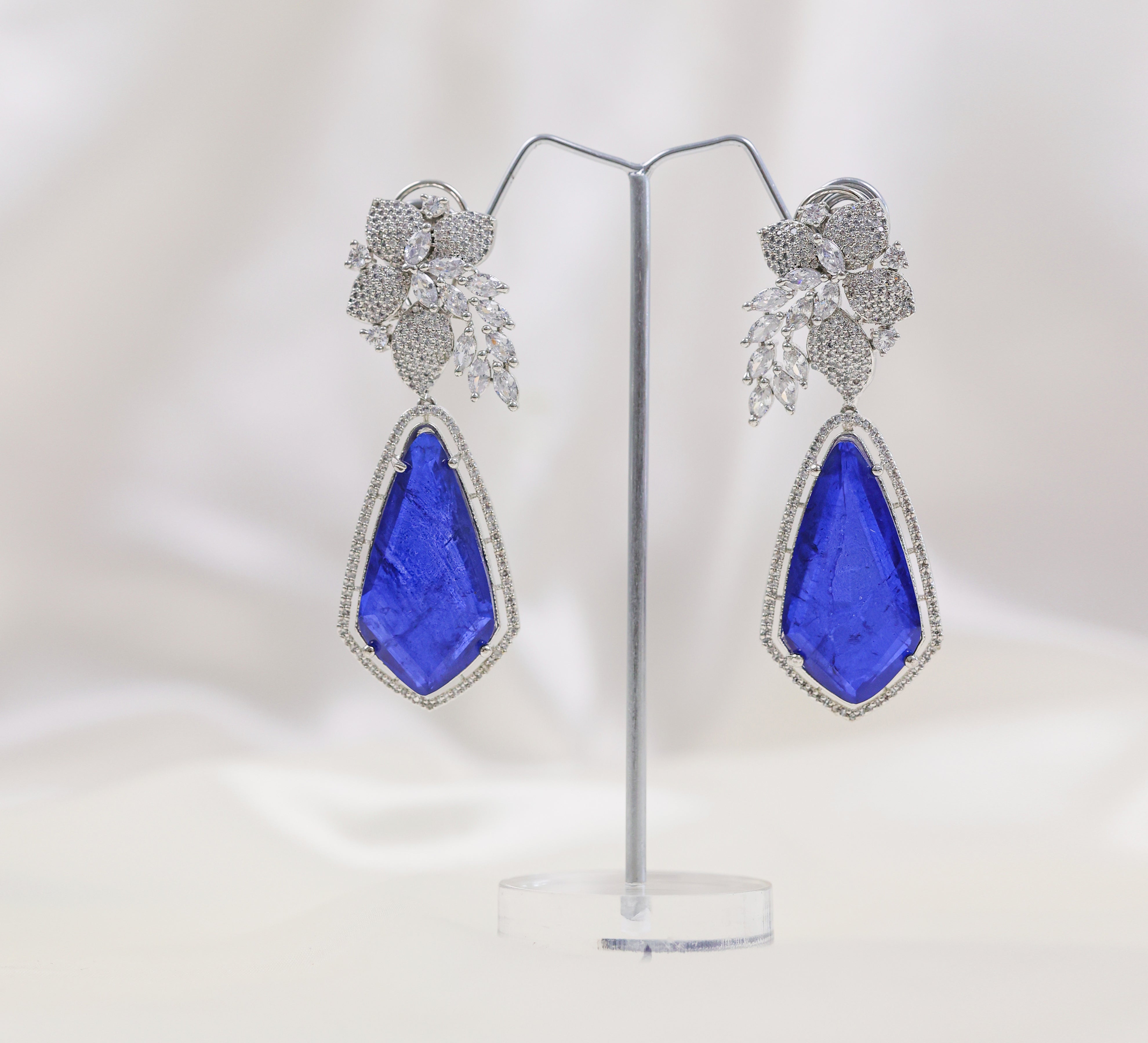 Beaded Earrings with Doublet Stones and CZ in White Rhodium - Adisha Jewels