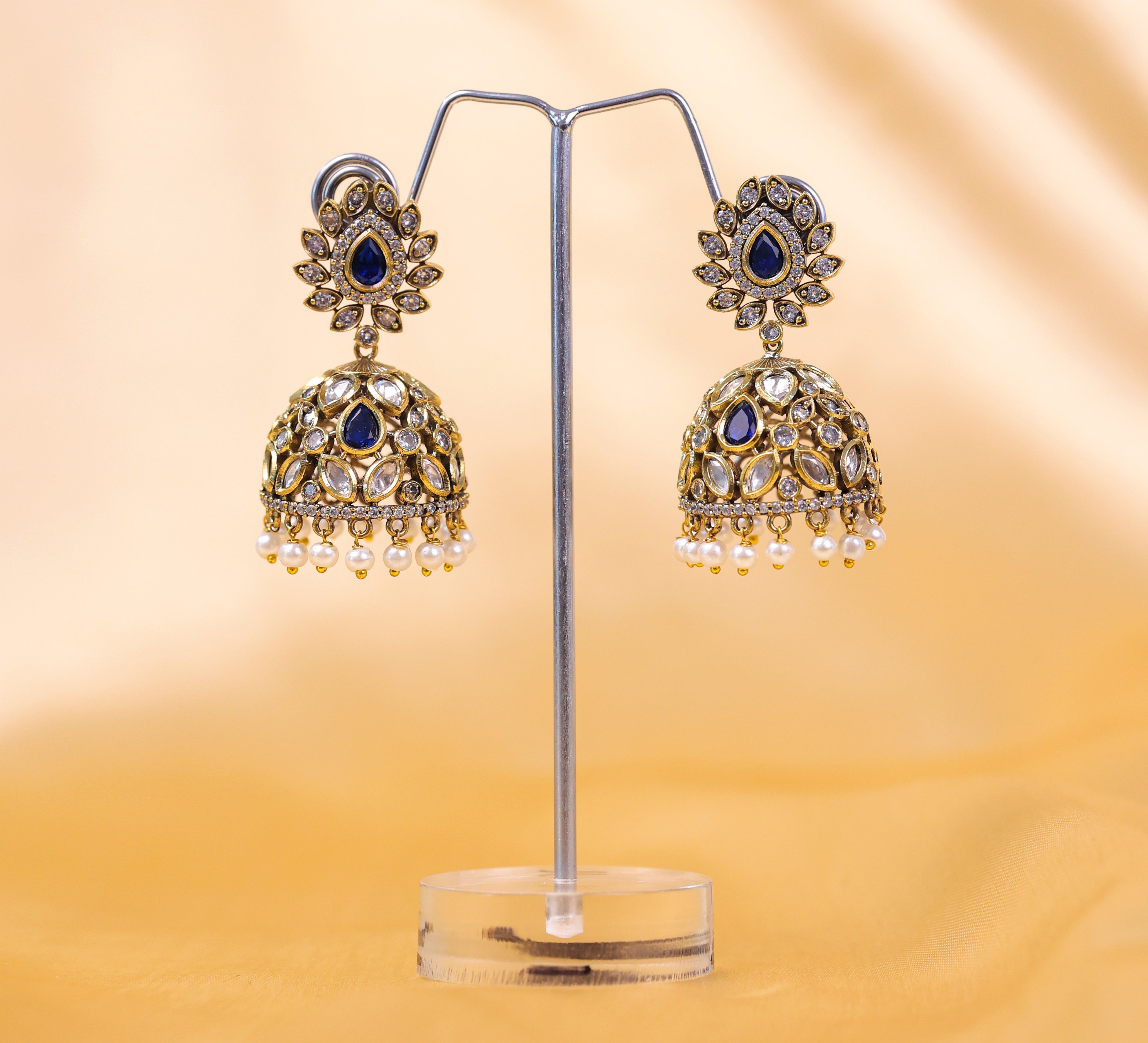 Silver Foil Victorian Jhumki Earrings with Kundan Polki and Hydro Stones - Adisha Jewels