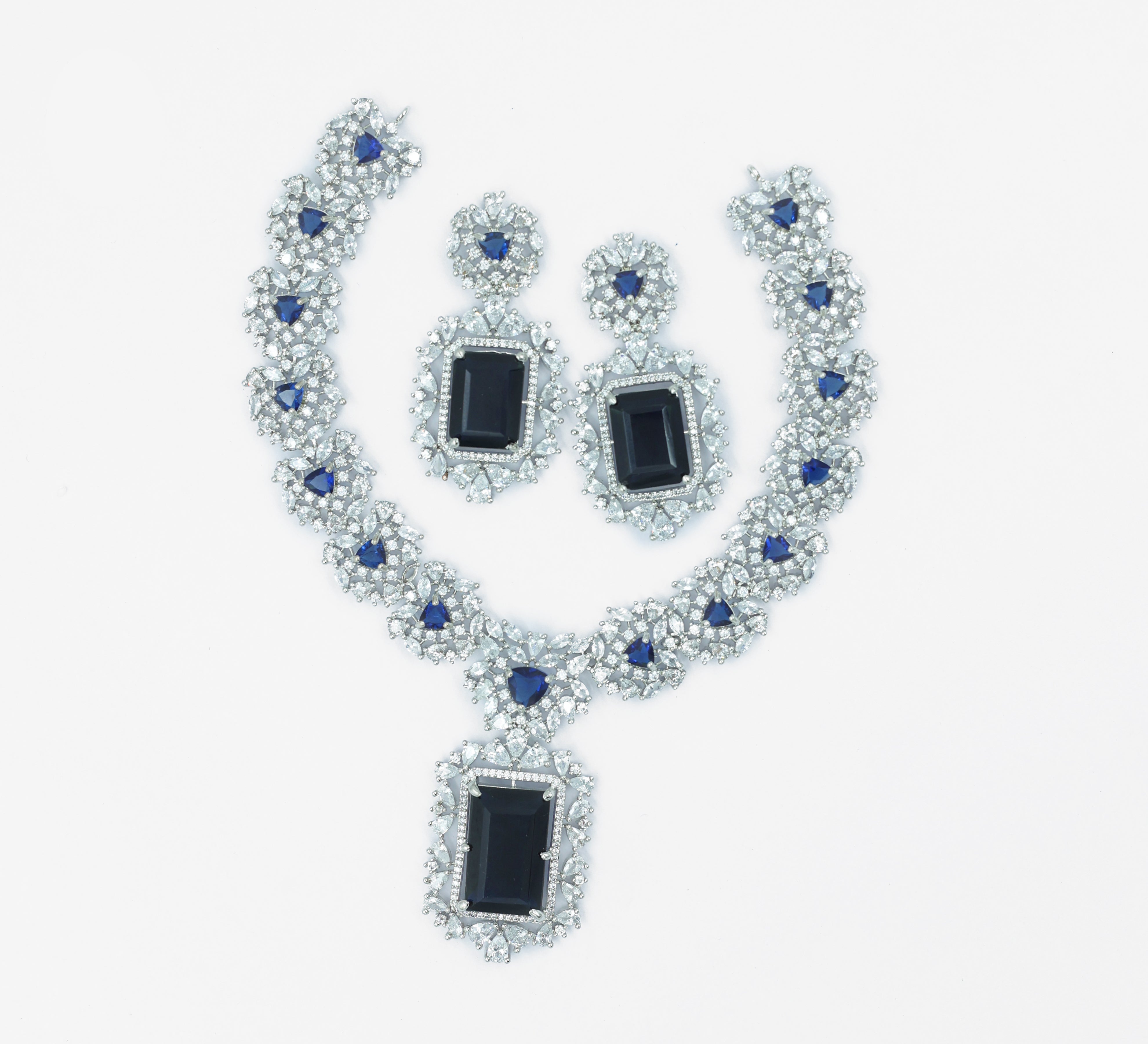 White Rhodium Necklace Set with Cubic Zirconia and Hydro Stones - Adisha Jewels