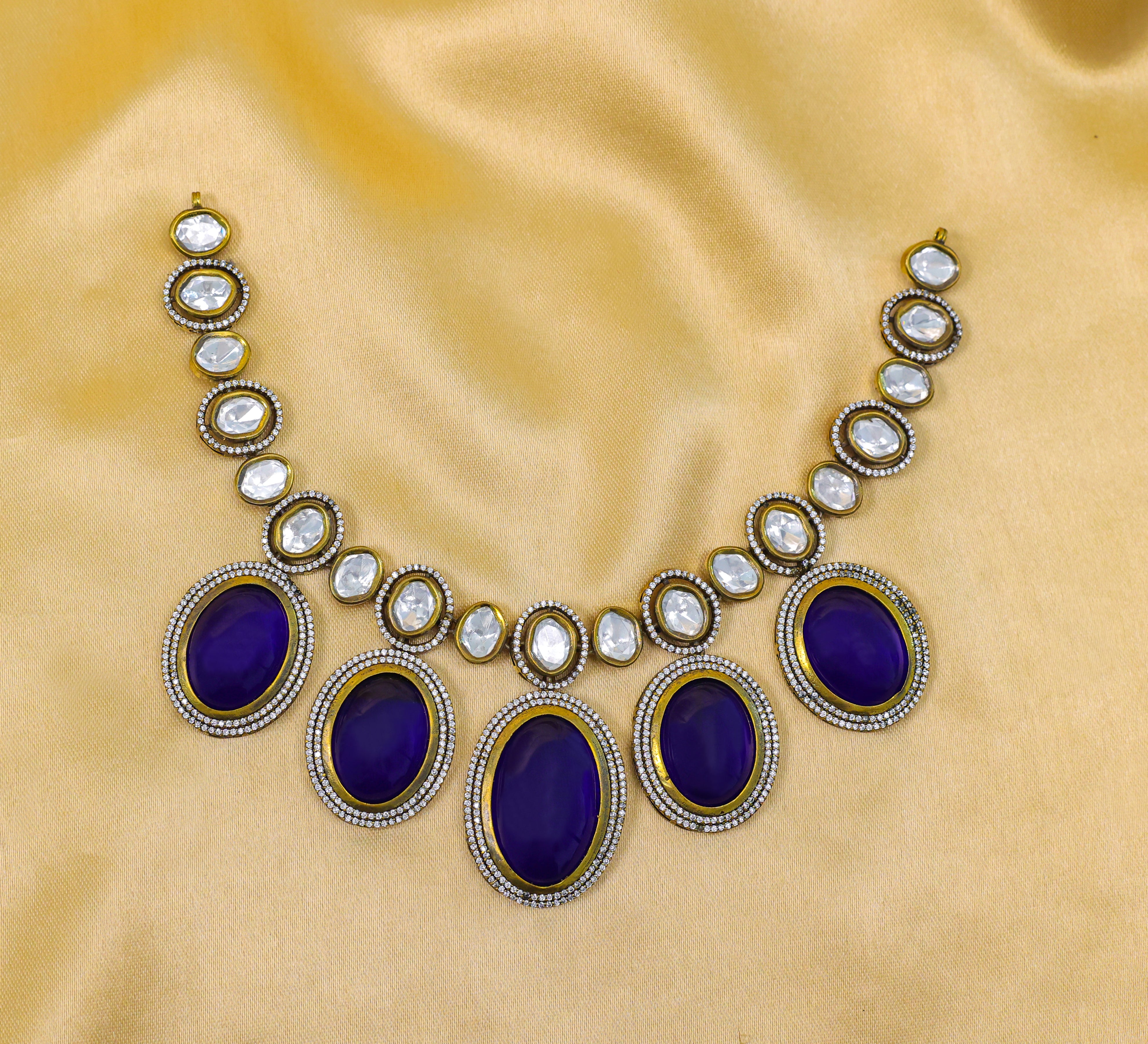 Victorian-Inspired Necklace Set with Hydro Stones & Kundan Polki - Adisha Jewels