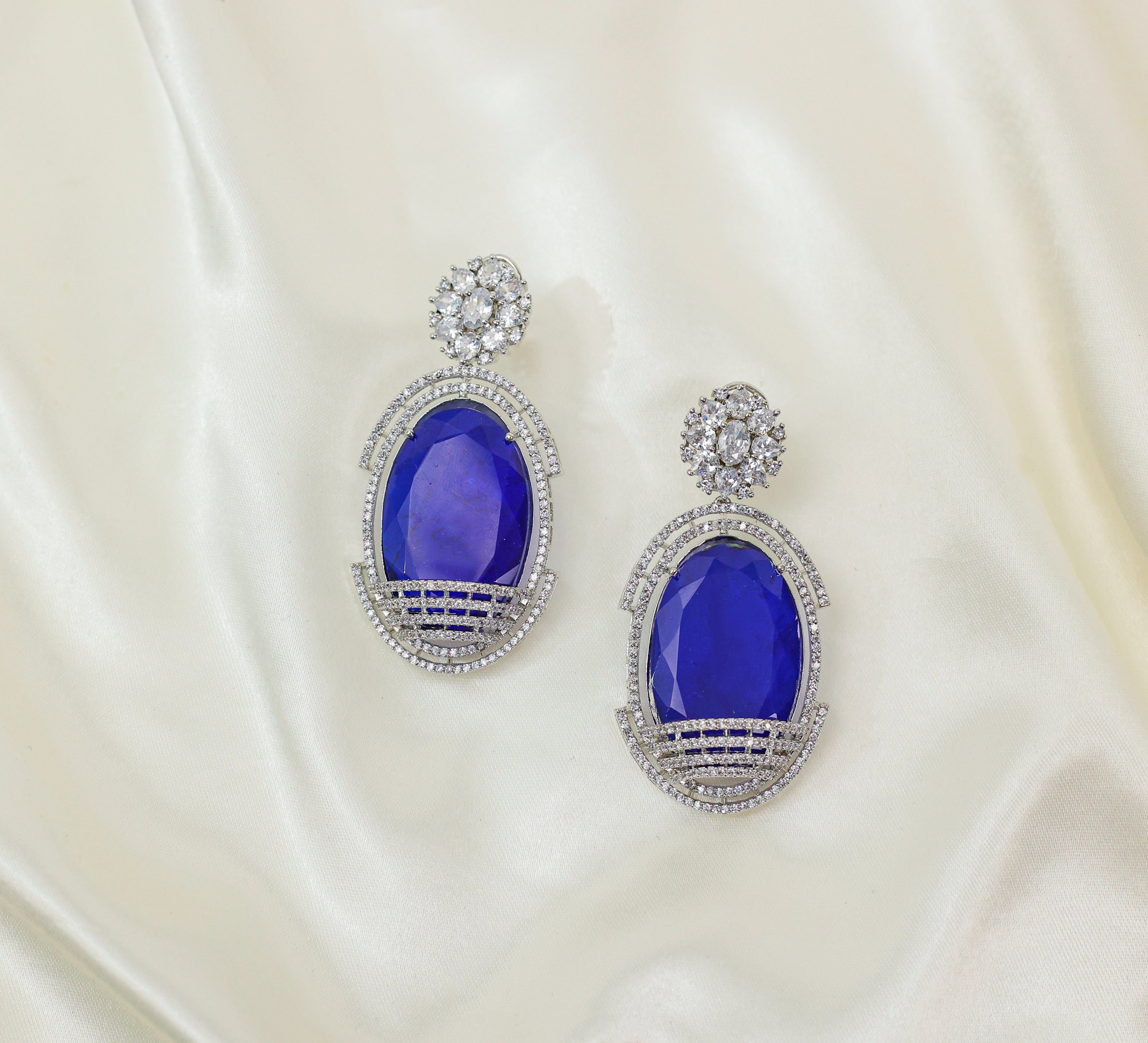 Doublet Stones Earrings with White Rhodium Plating - Adisha Jewels