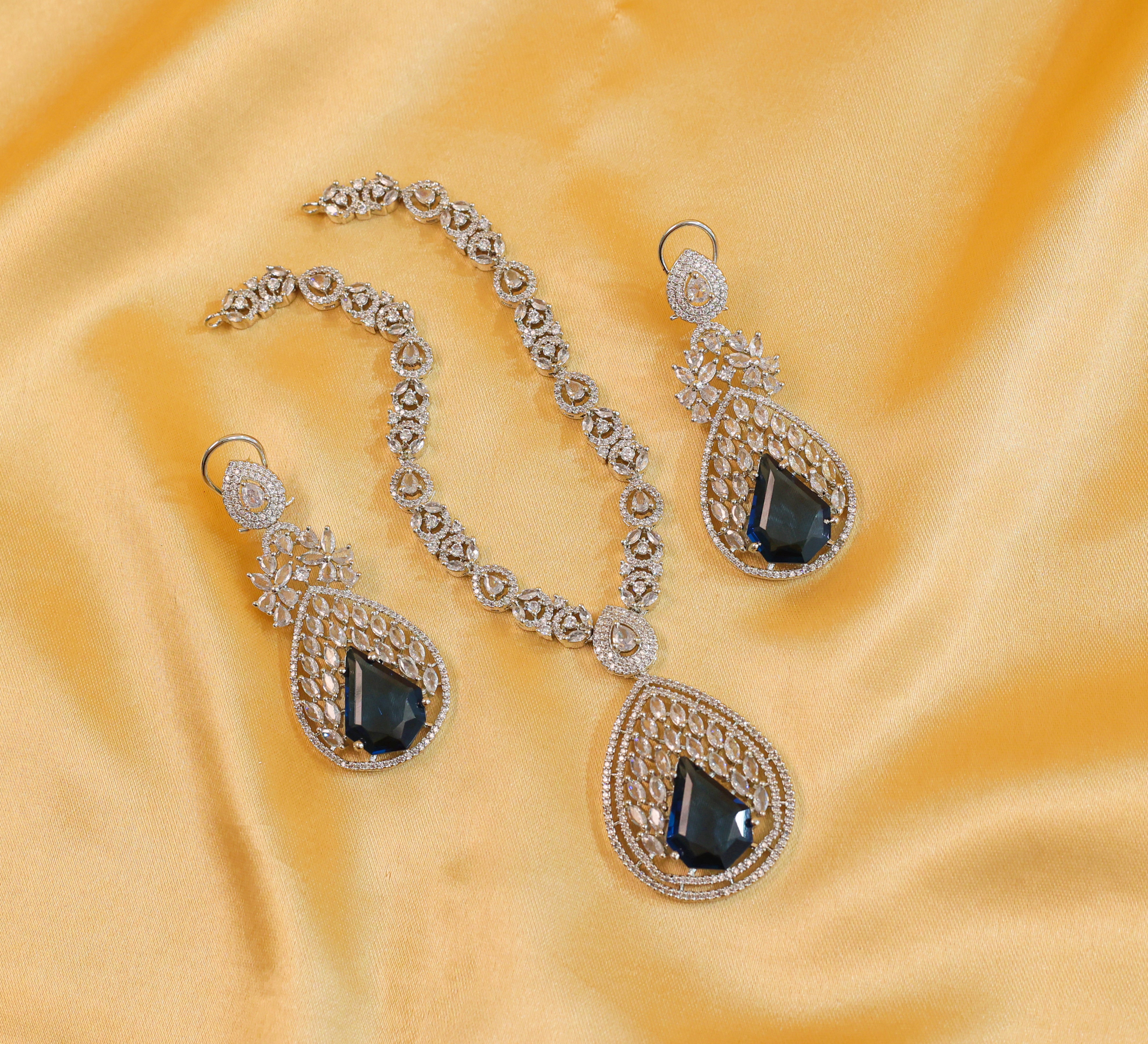 White Rhodium Necklace Set with Cubic Zirconia and Hydro Stones - Adisha Jewels