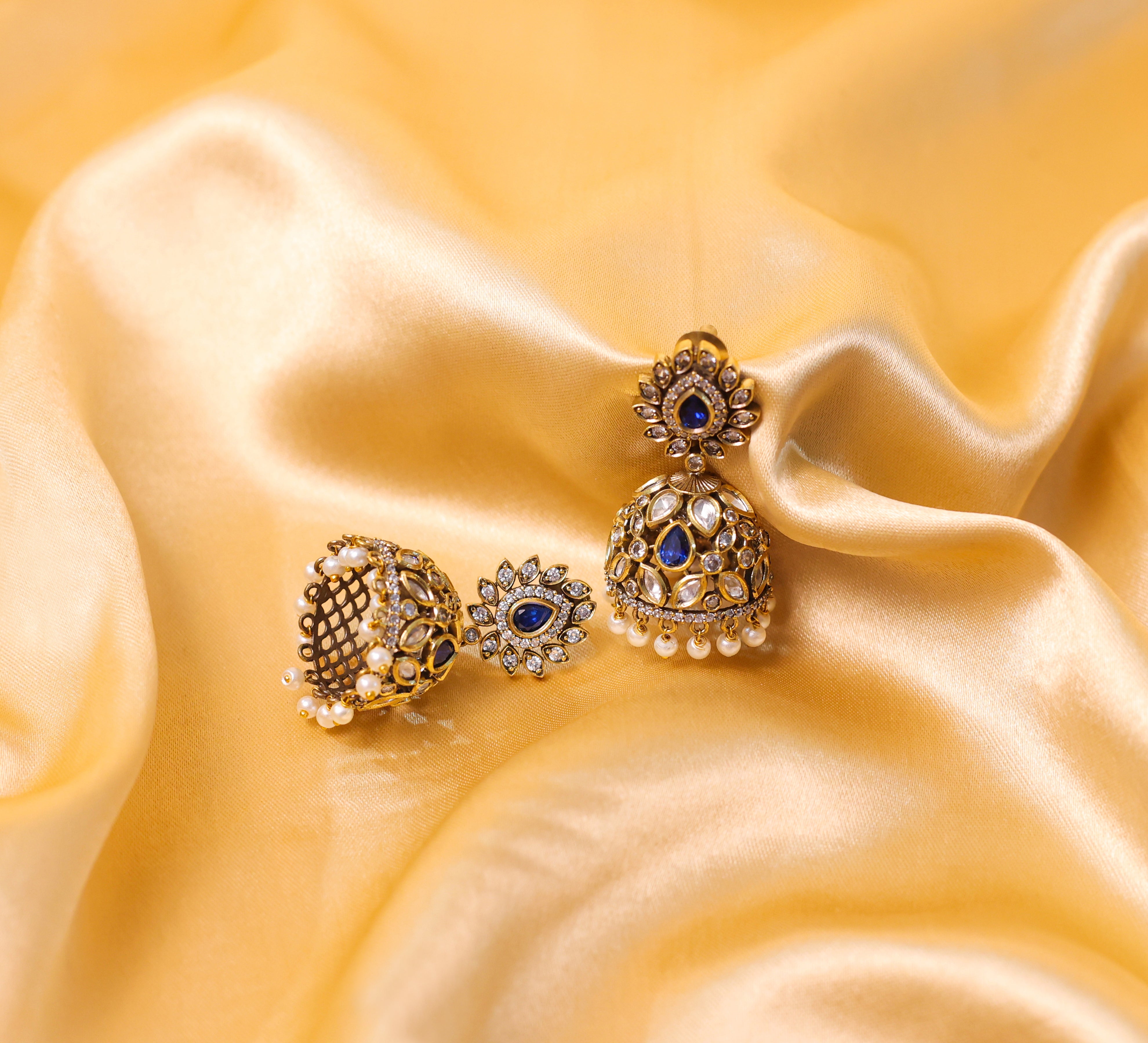 Silver Foil Victorian Jhumki Earrings with Kundan Polki and Hydro Stones - Adisha Jewels