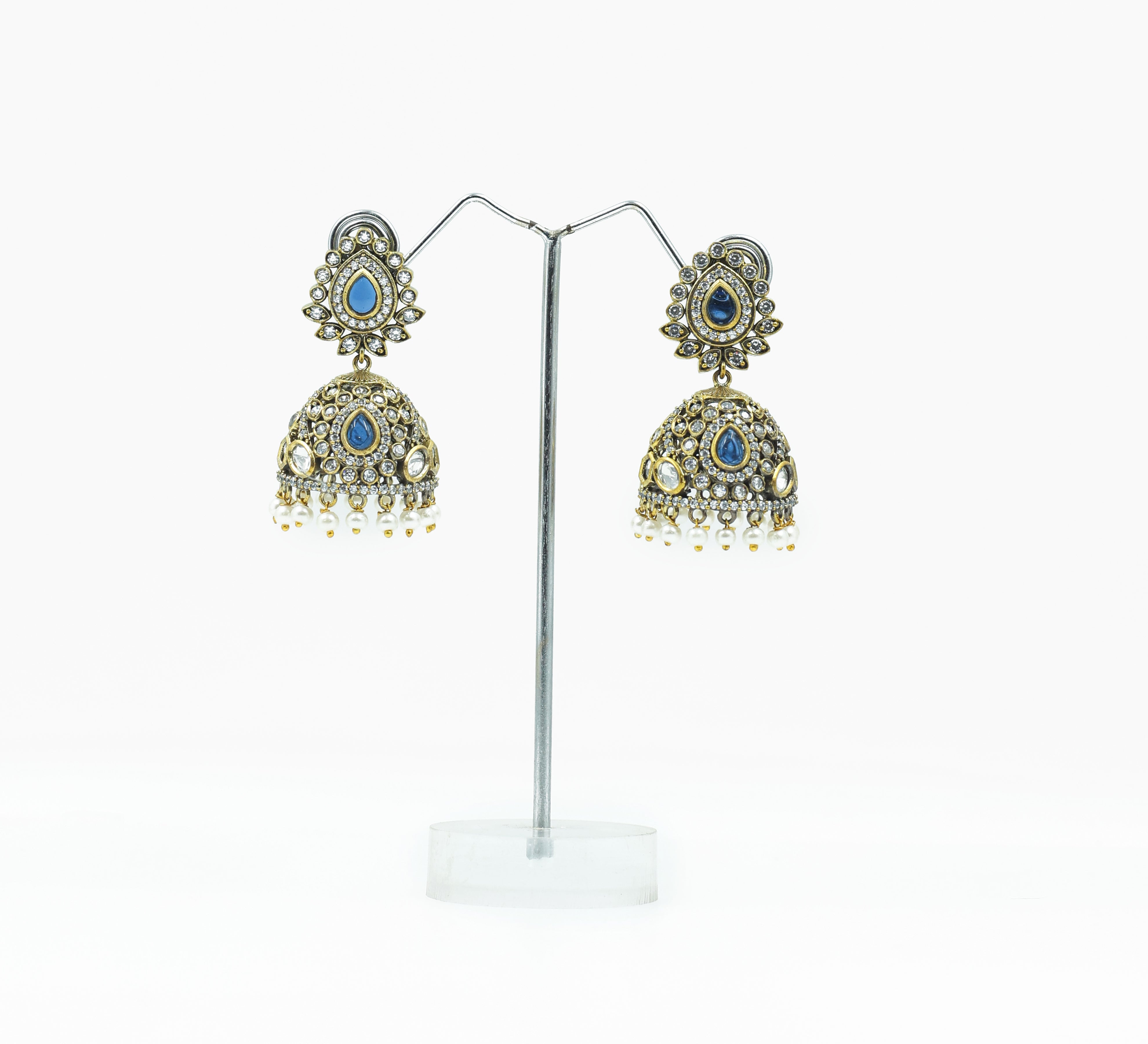 Silver Foil Victorian Jhumki Earrings with Kundan Polki and Hydro Stones - Adisha Jewels