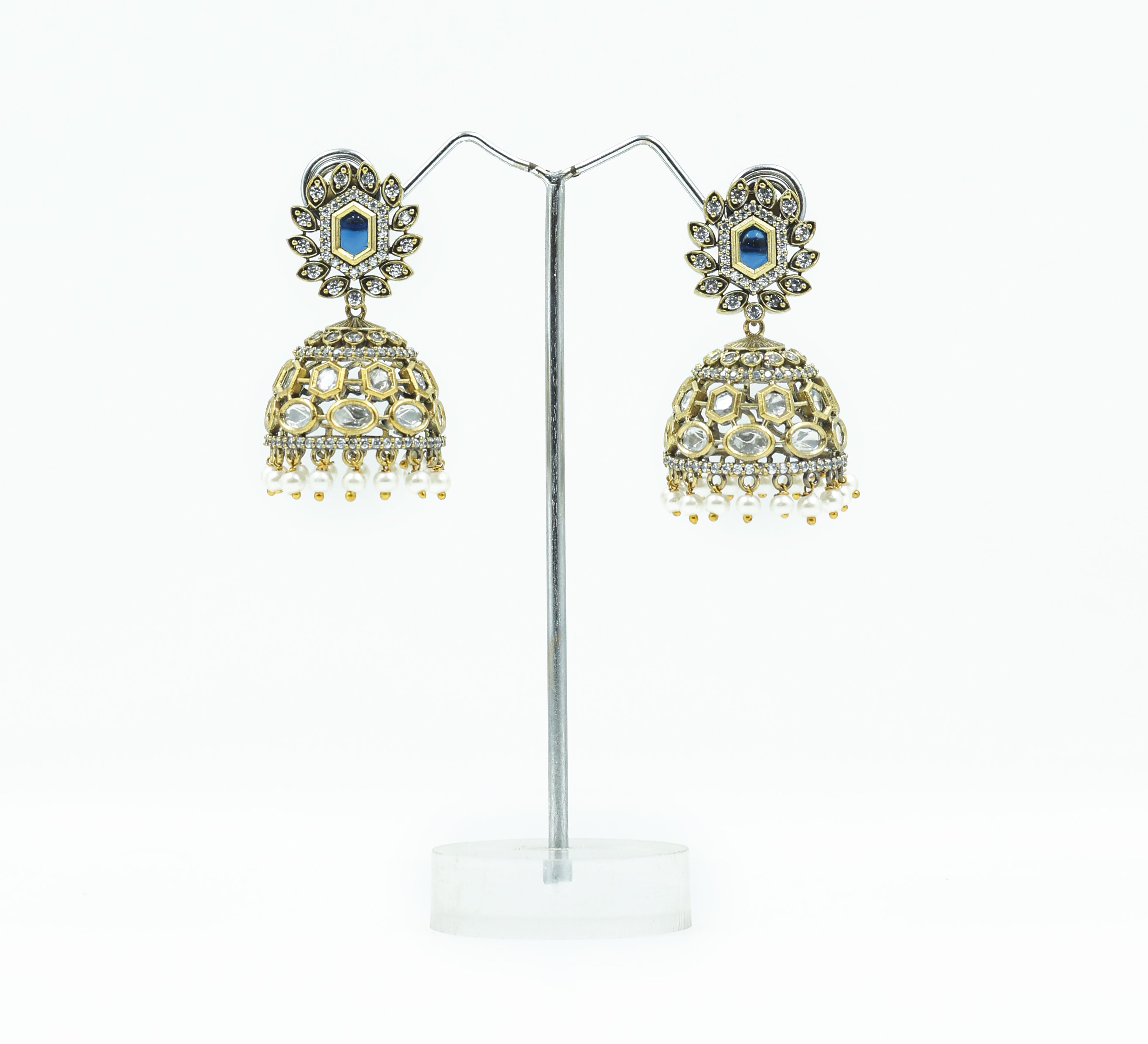 Silver Foil Victorian Jhumki Earrings with Kundan Polki and Hydro Stones - Adisha Jewels