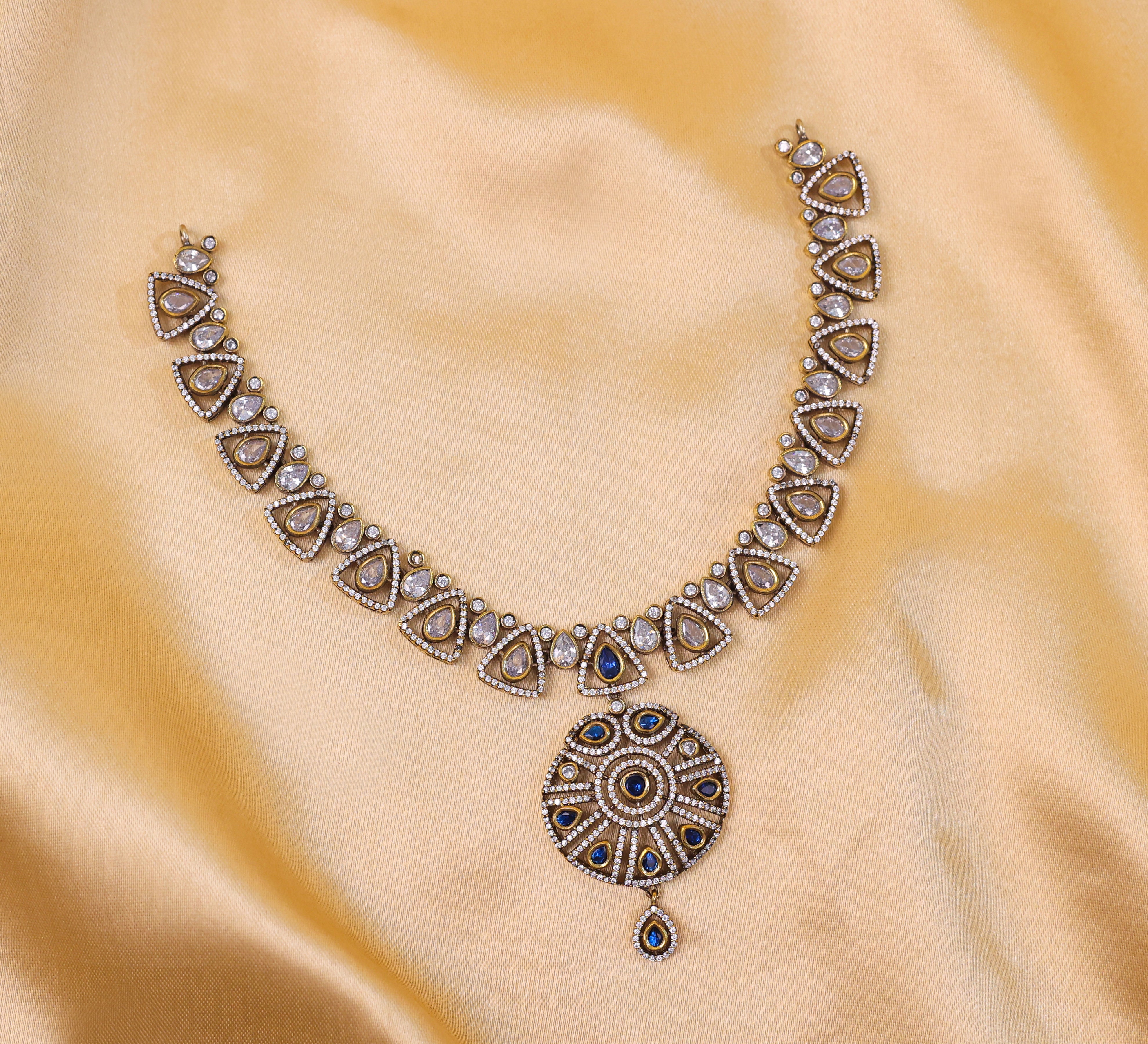 Victorian-Inspired Kundan Polki Necklace Set with Hydro Stones - Adisha Jewels