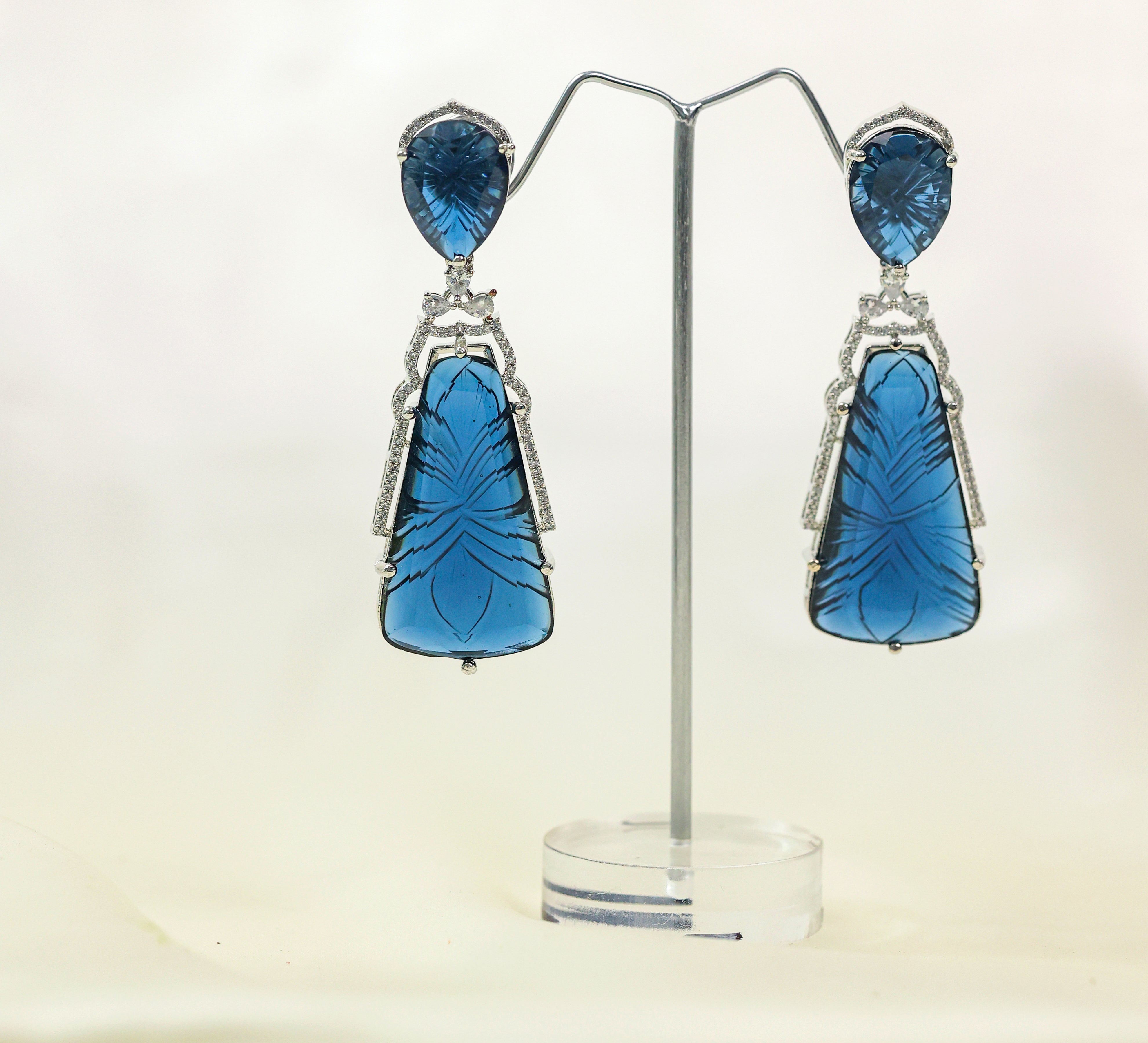 Laser-Cut Earrings with Hydro Stones and Doublet Stones in White Rhodium - Adisha Jewels