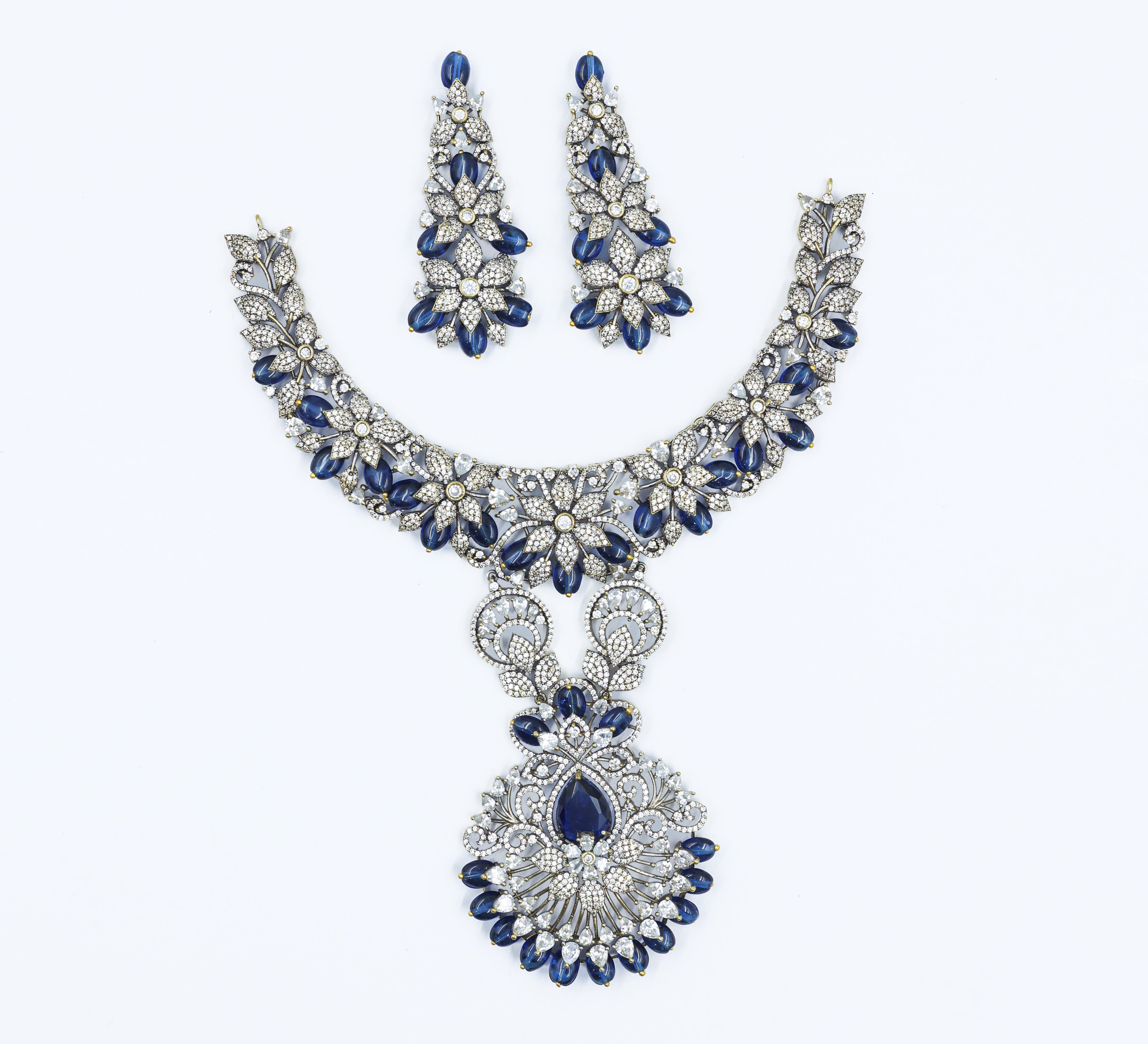 Victorian Antique Necklace Set with Beads & American Diamonds - Adisha Jewels