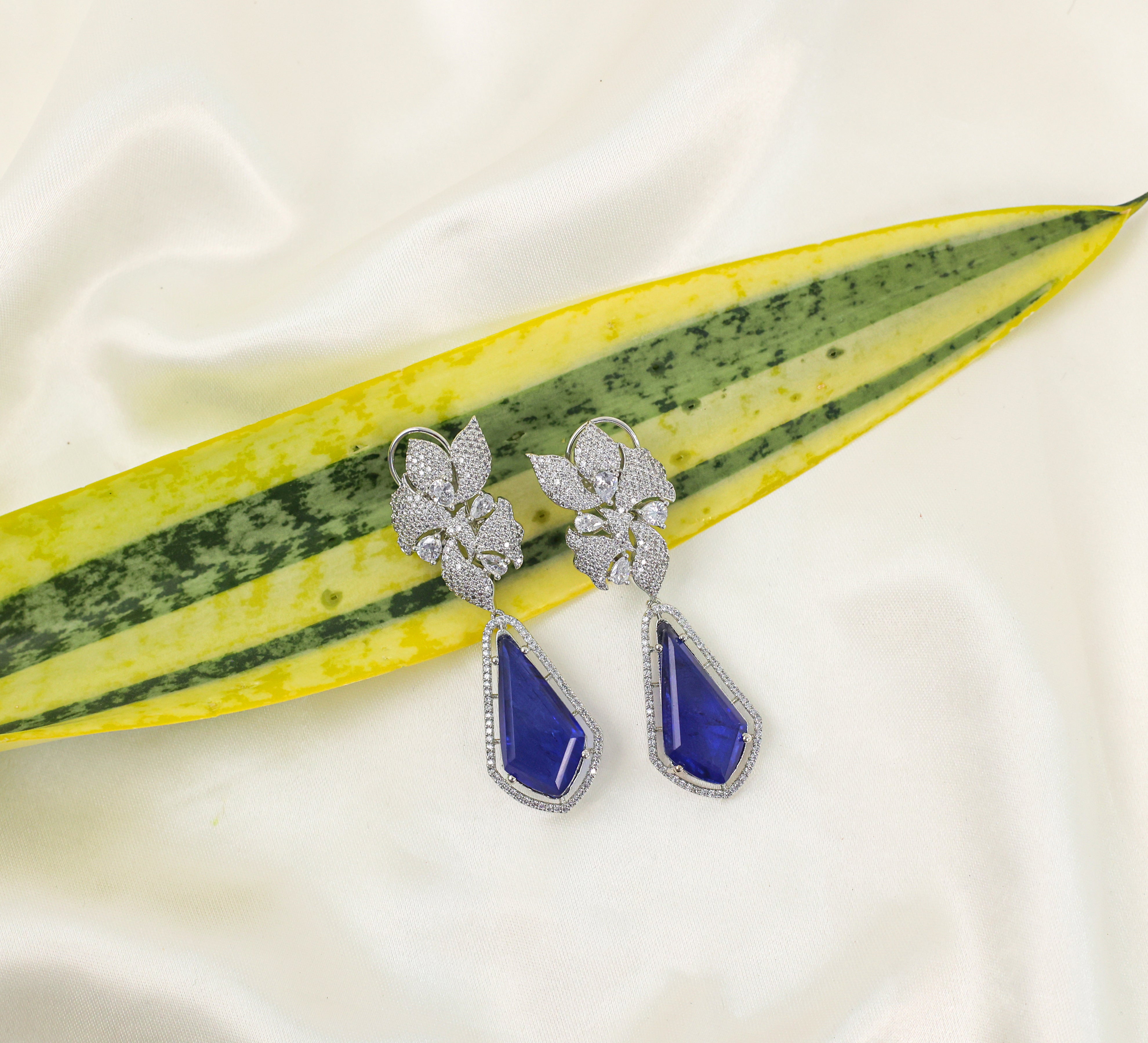 Doublet Stones Earrings with White Rhodium Plating - Adisha Jewels