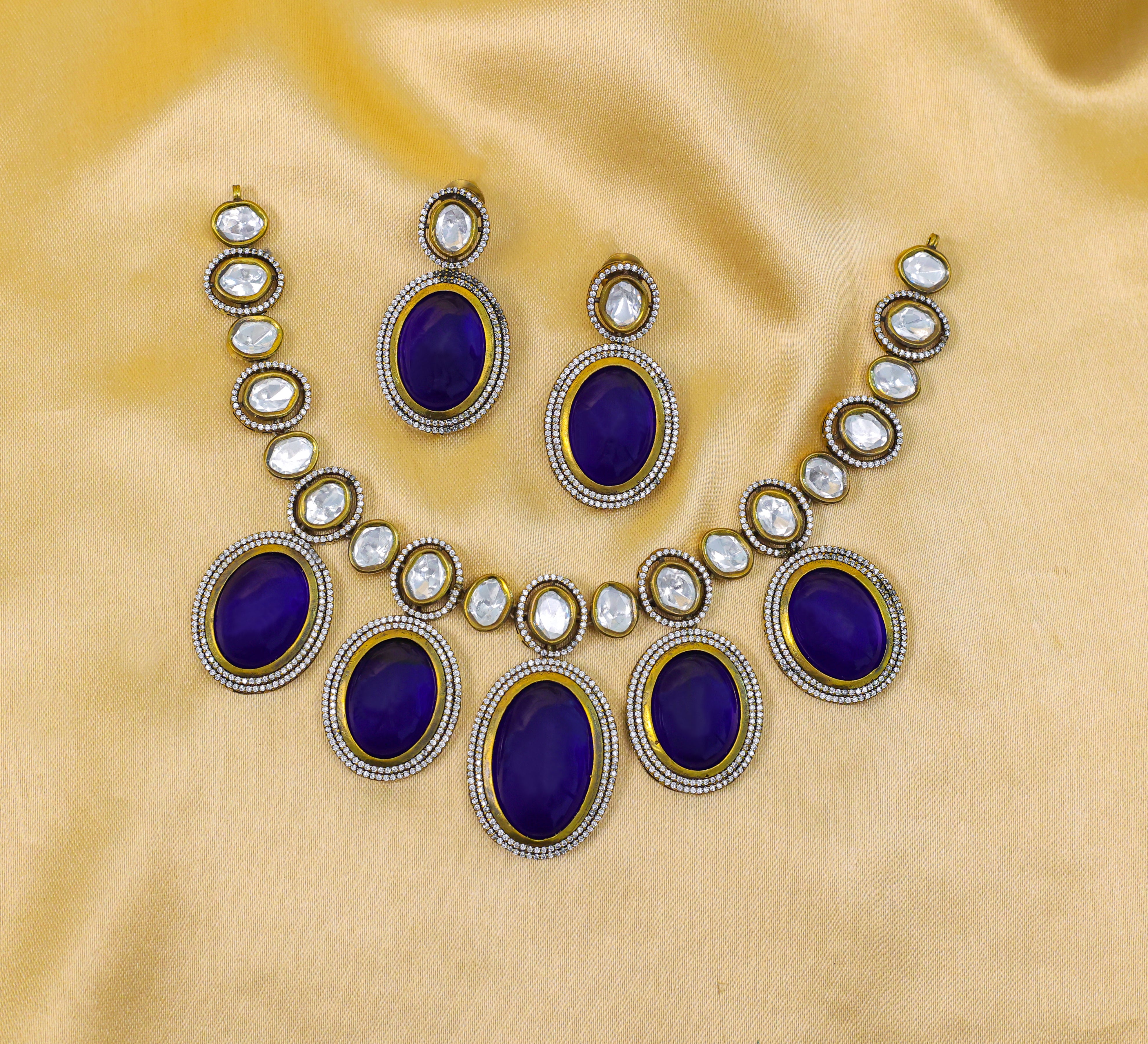 Victorian-Inspired Necklace Set with Hydro Stones & Kundan Polki - Adisha Jewels