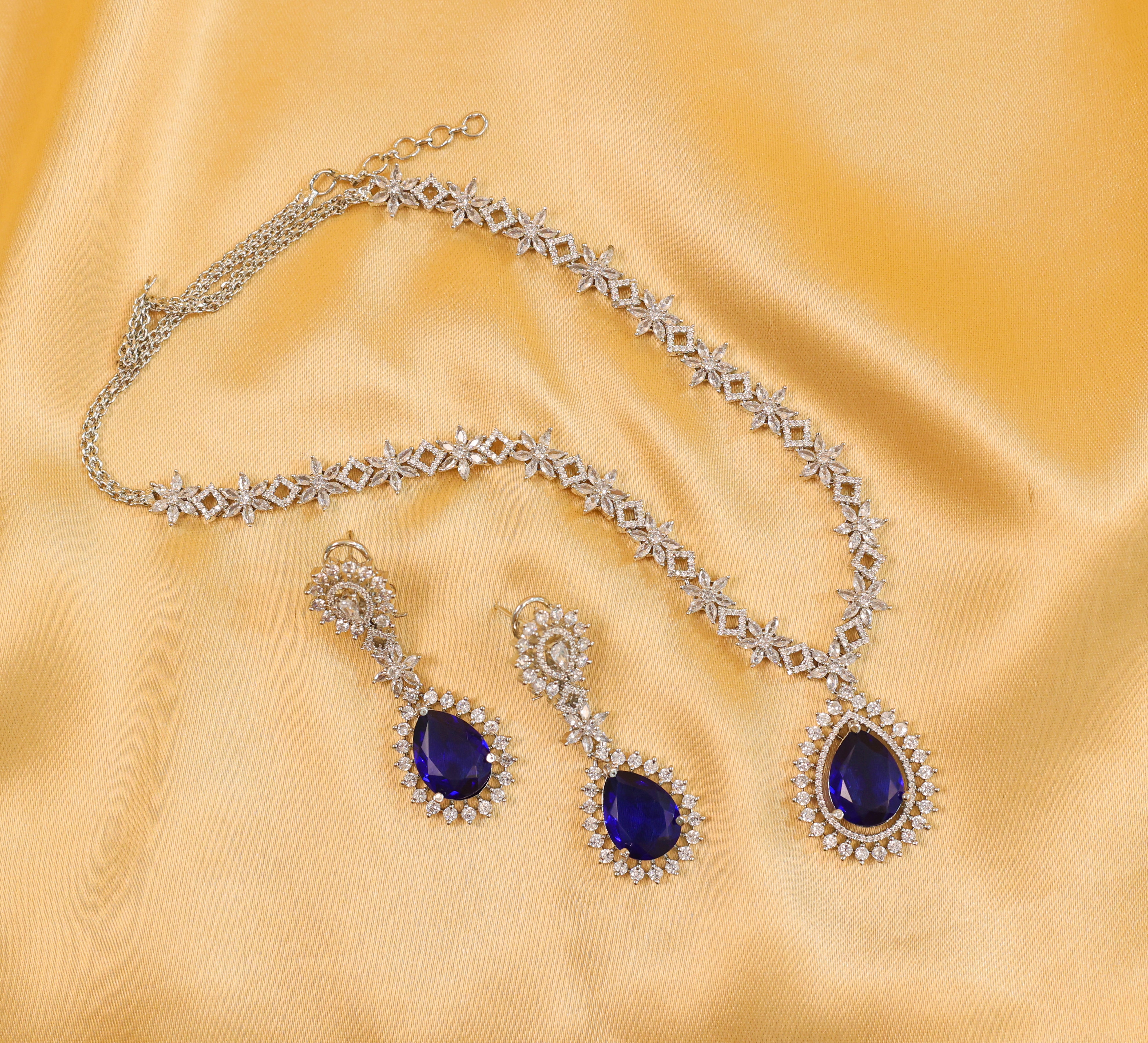 White Rhodium Necklace Set with Cubic Zirconia and Hydro Stones - Adisha Jewels