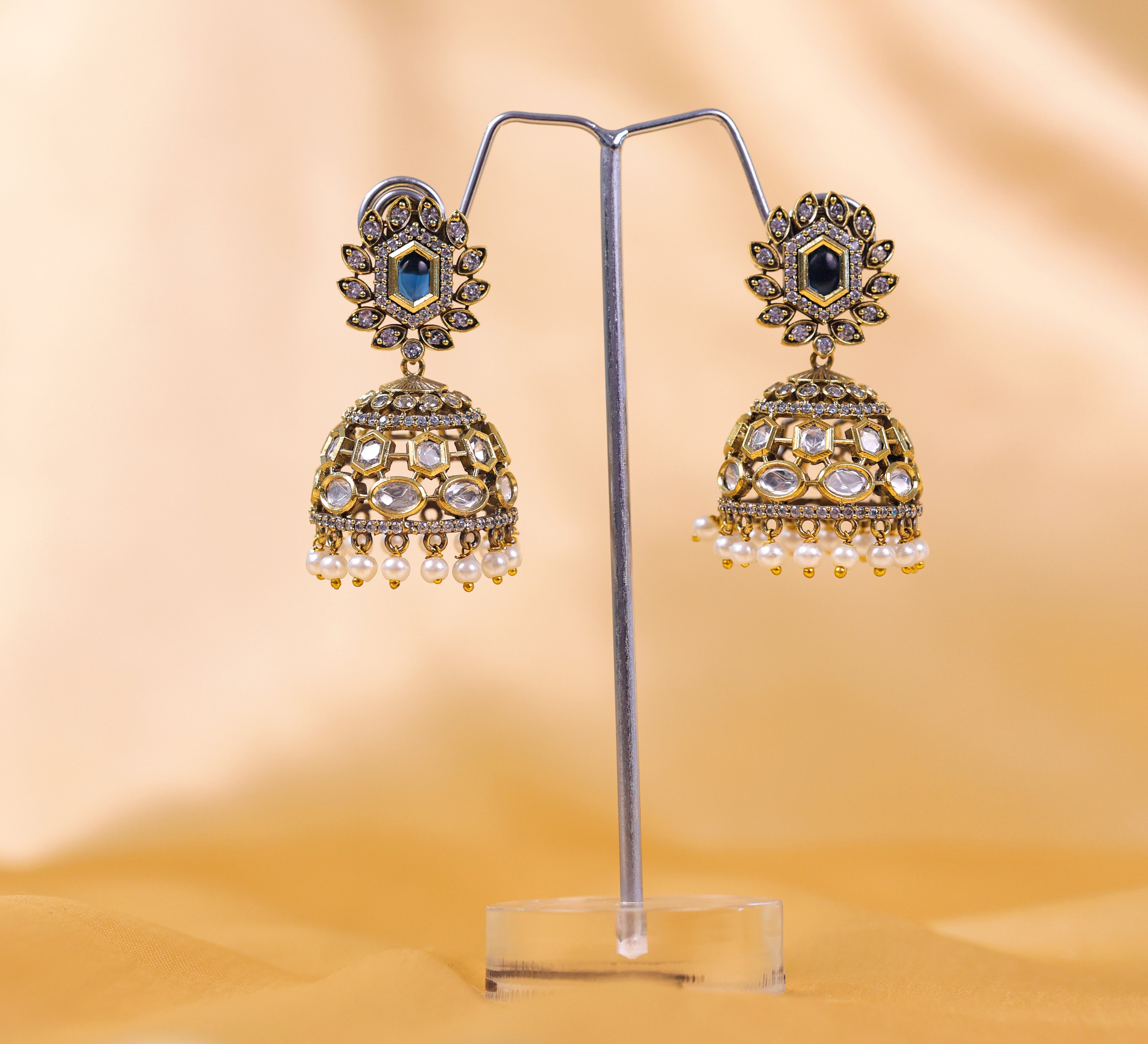 Silver Foil Victorian Jhumki Earrings with Kundan Polki and Hydro Stones - Adisha Jewels