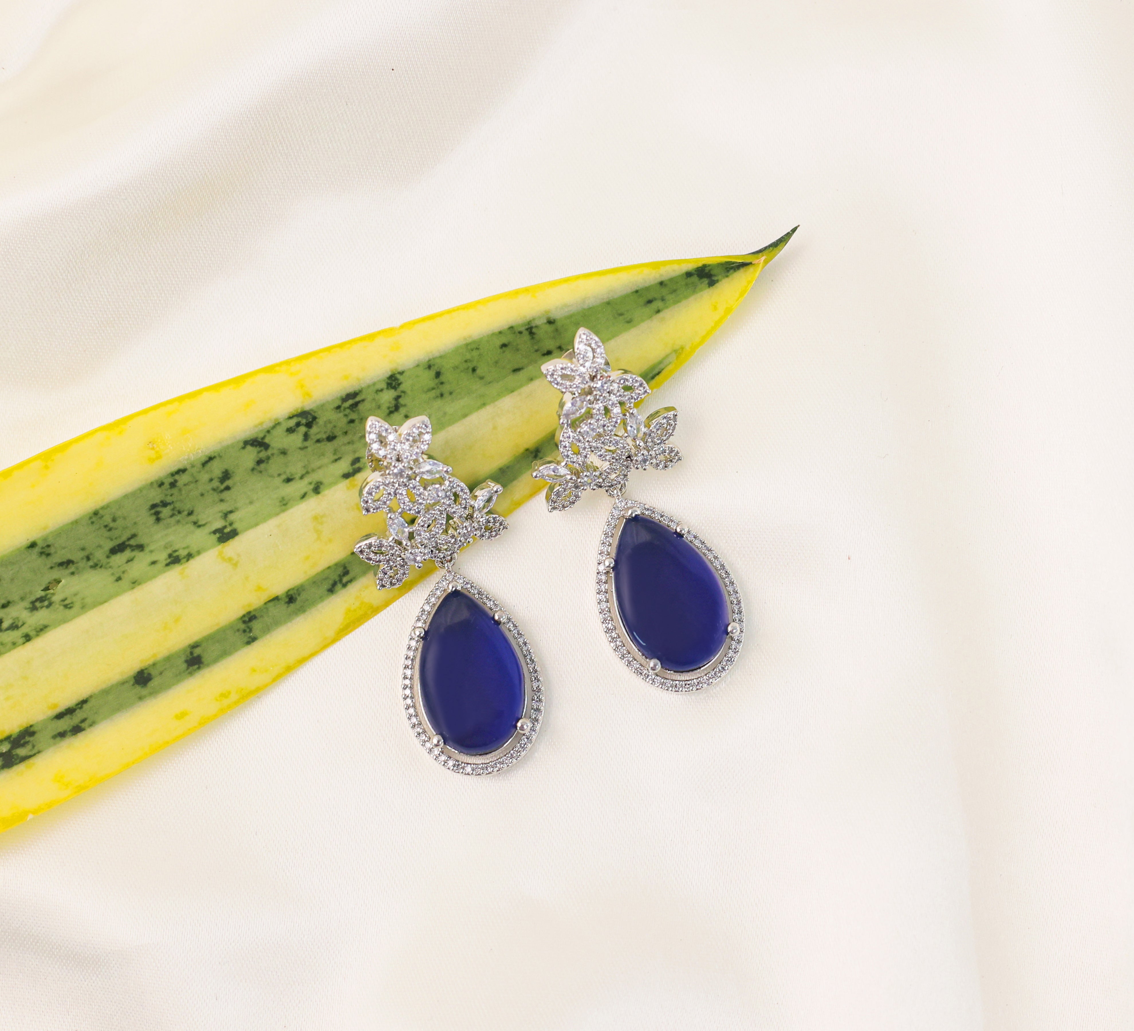 Hydro Stones Earrings with White Rhodium Plating - Adisha Jewels