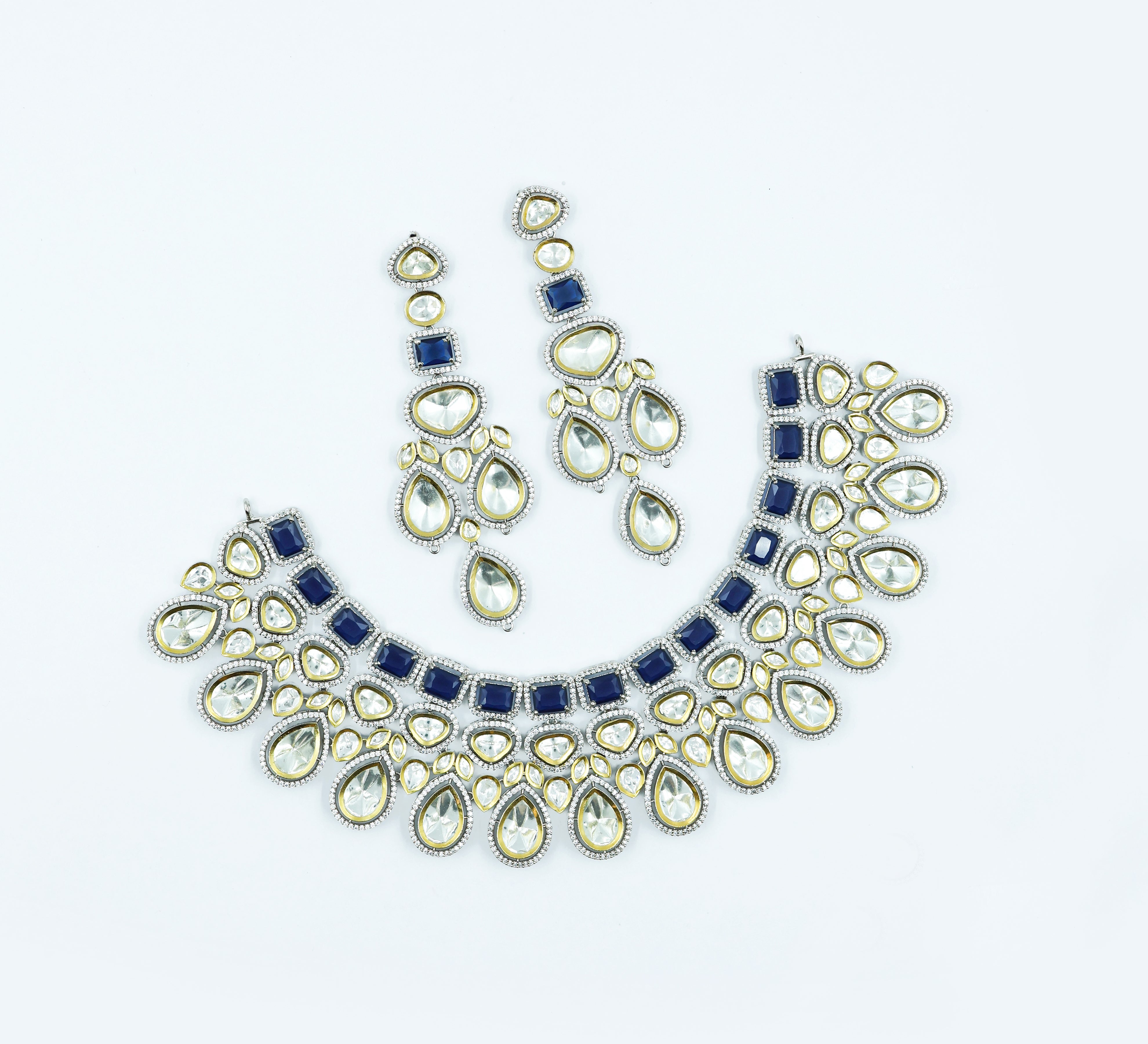 Victorian-Inspired Kundan Polki Necklace Set with Hydro Stones - Adisha Jewels