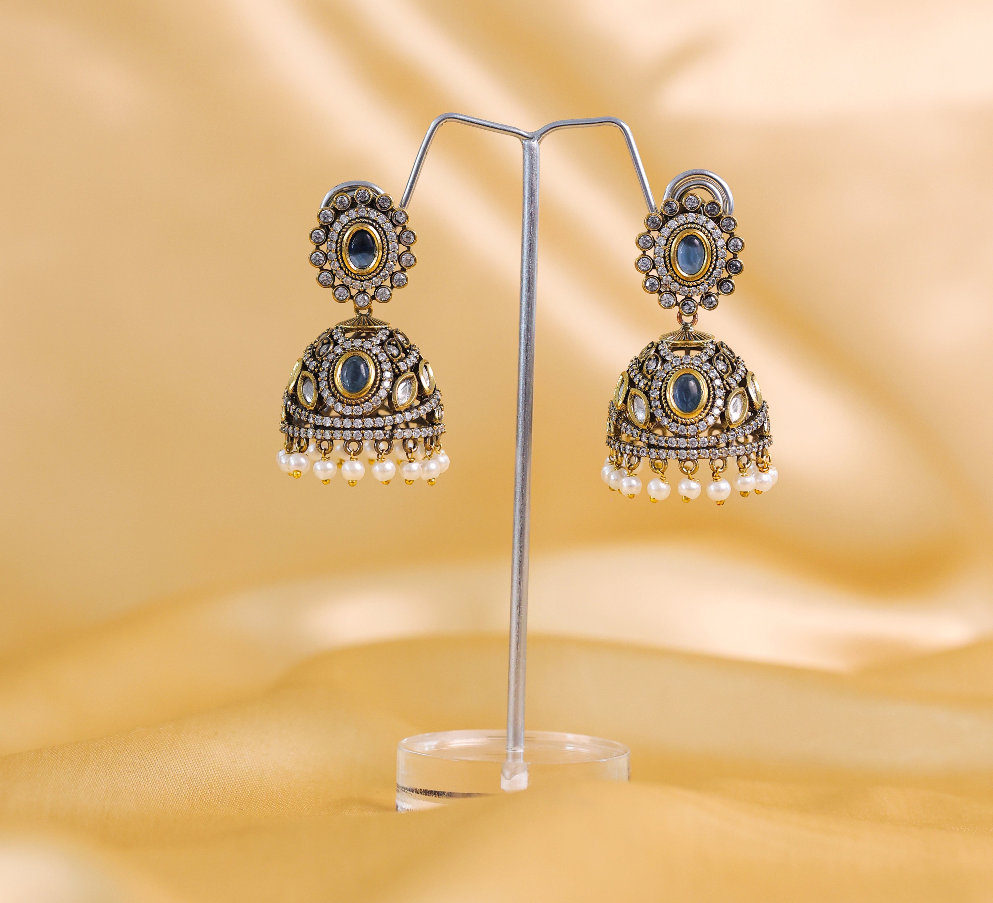 Silver Foil Victorian Jhumki Earrings with Kundan Polki and Hydro Stones - Adisha Jewels