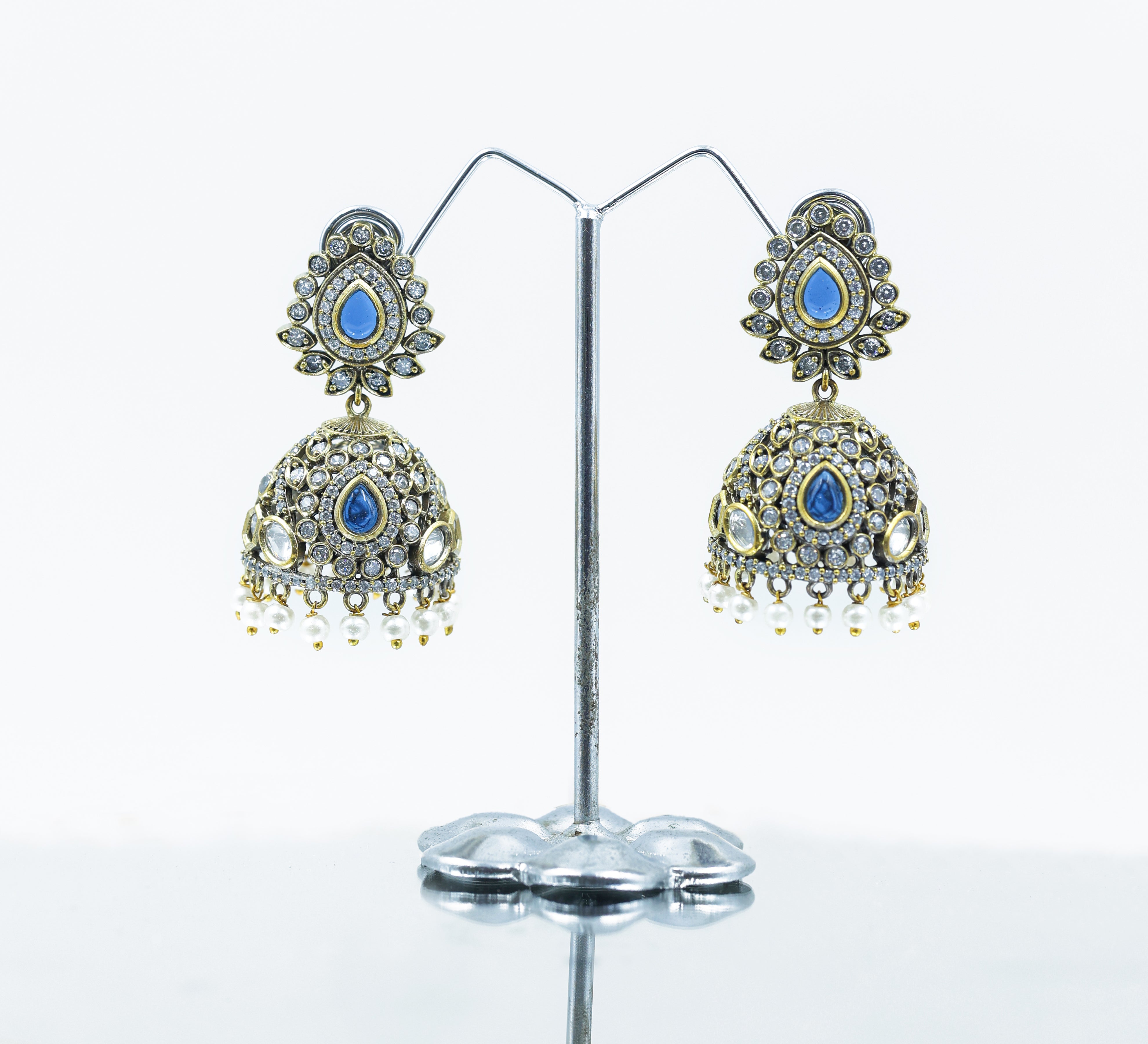 Silver Foil Victorian Jhumki Earrings with Kundan Polki and Hydro Stones - Adisha Jewels