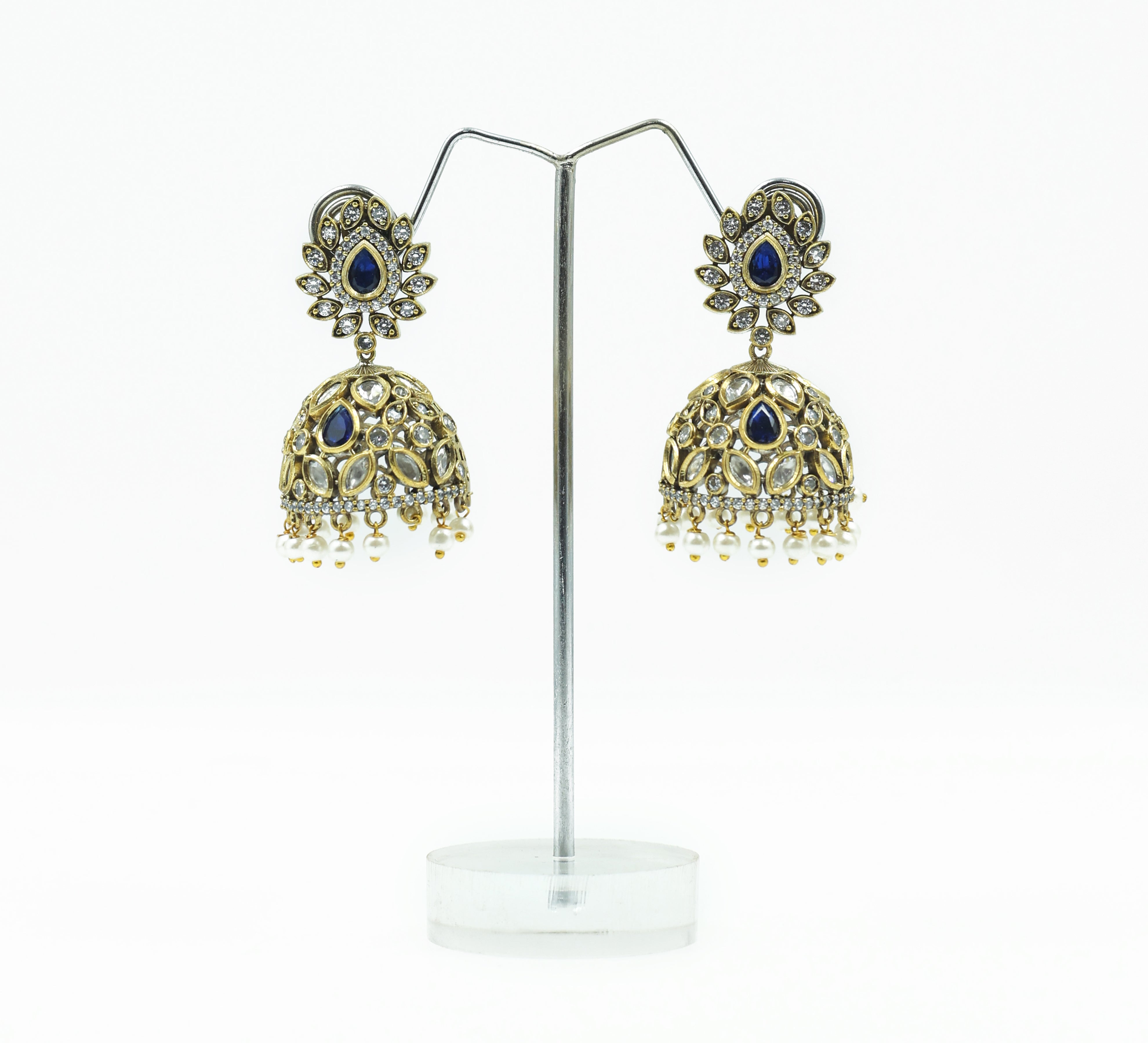 Silver Foil Victorian Jhumki Earrings with Kundan Polki and Hydro Stones - Adisha Jewels