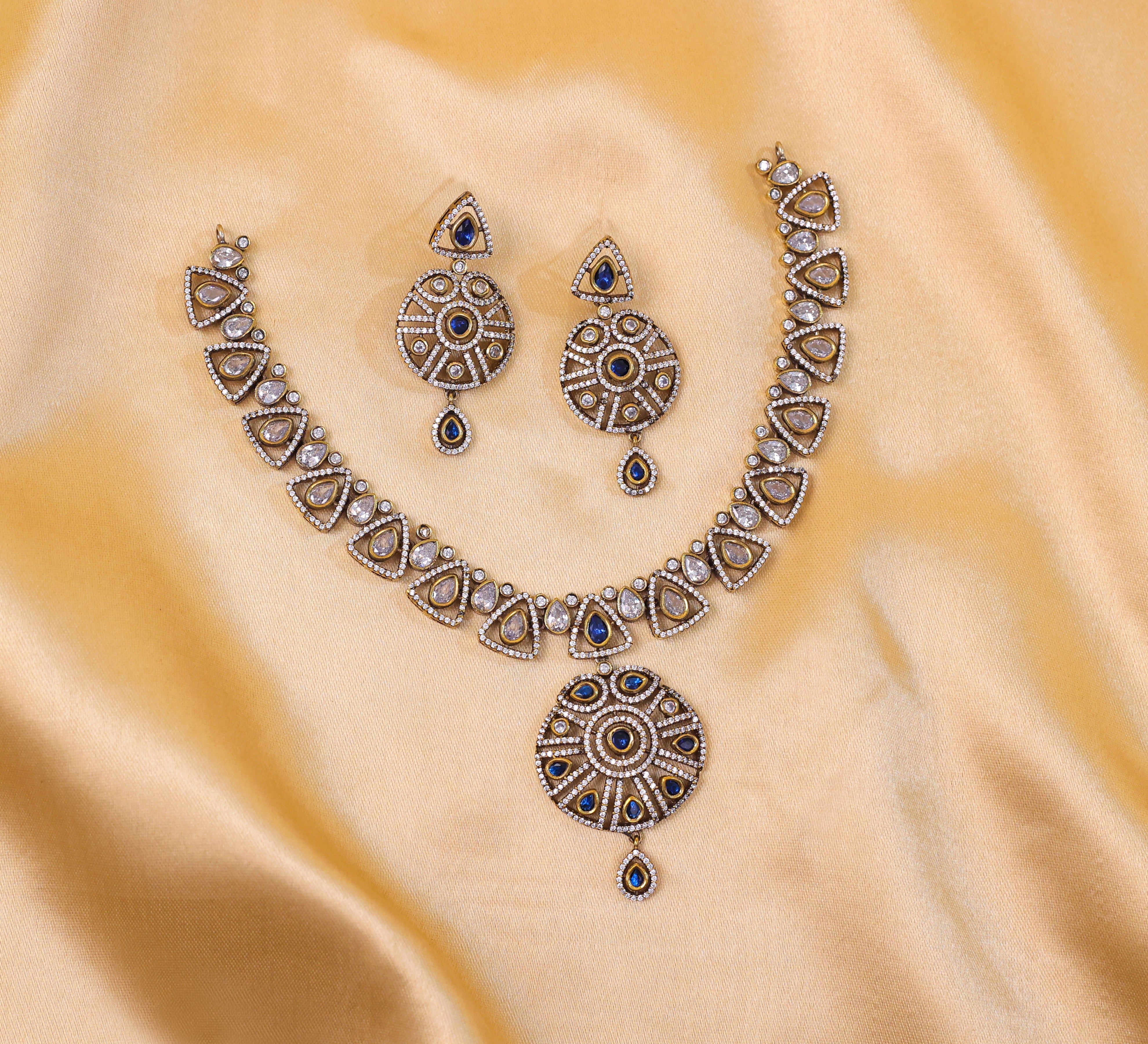 Victorian-Inspired Kundan Polki Necklace Set with Hydro Stones - Adisha Jewels