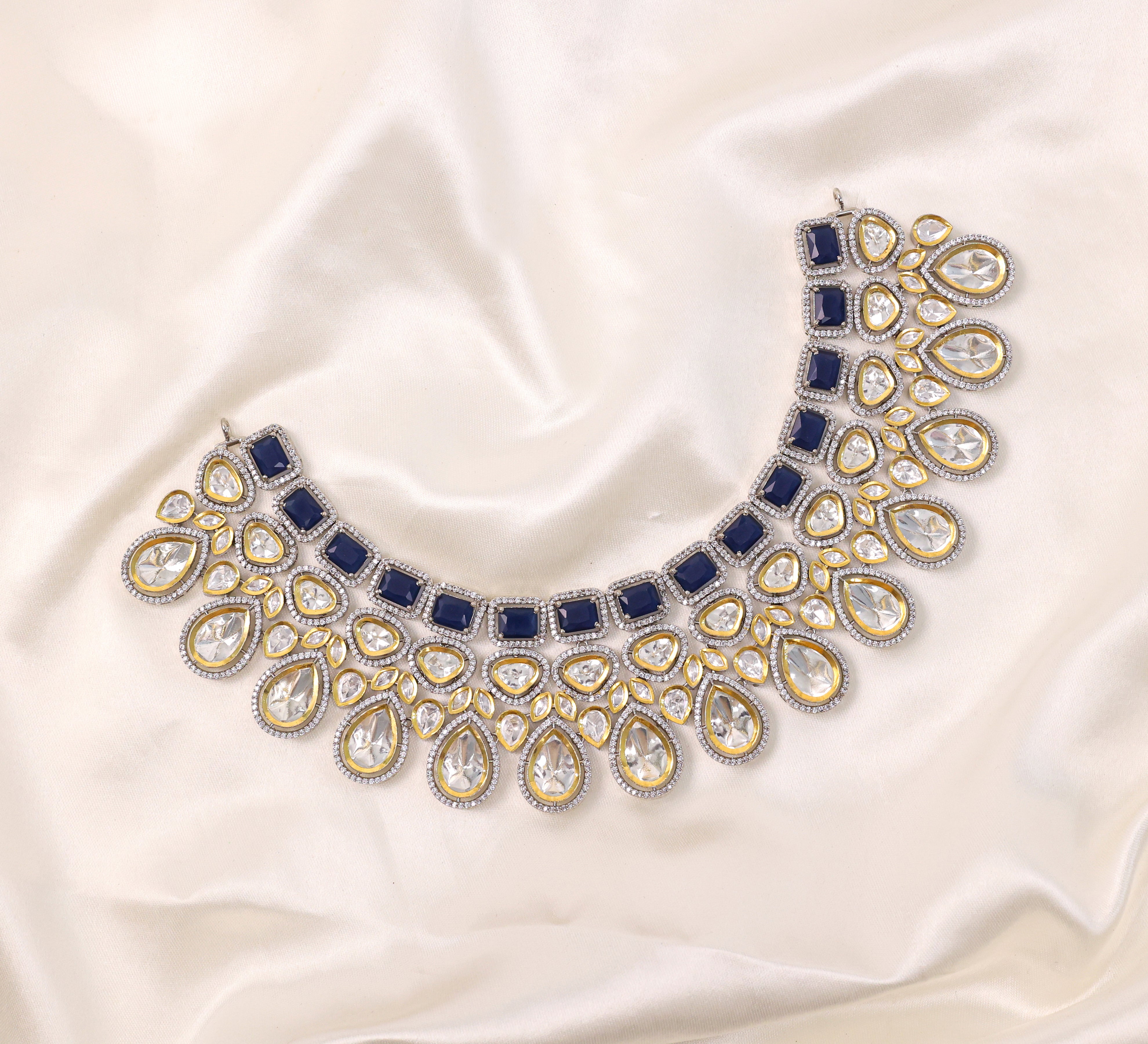 Victorian-Inspired Kundan Polki Necklace Set with Hydro Stones - Adisha Jewels