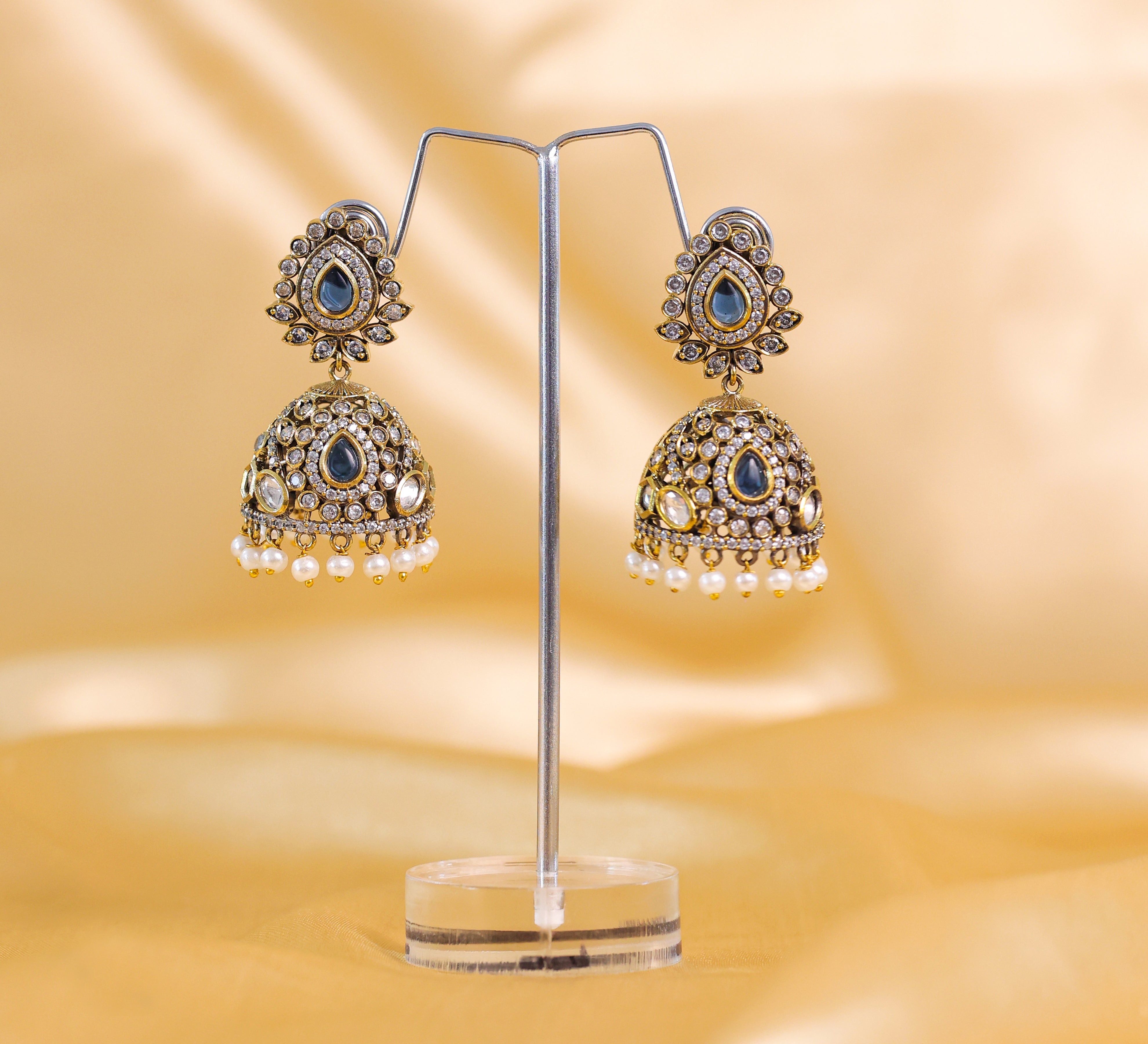 Silver Foil Victorian Jhumki Earrings with Kundan Polki and Hydro Stones - Adisha Jewels