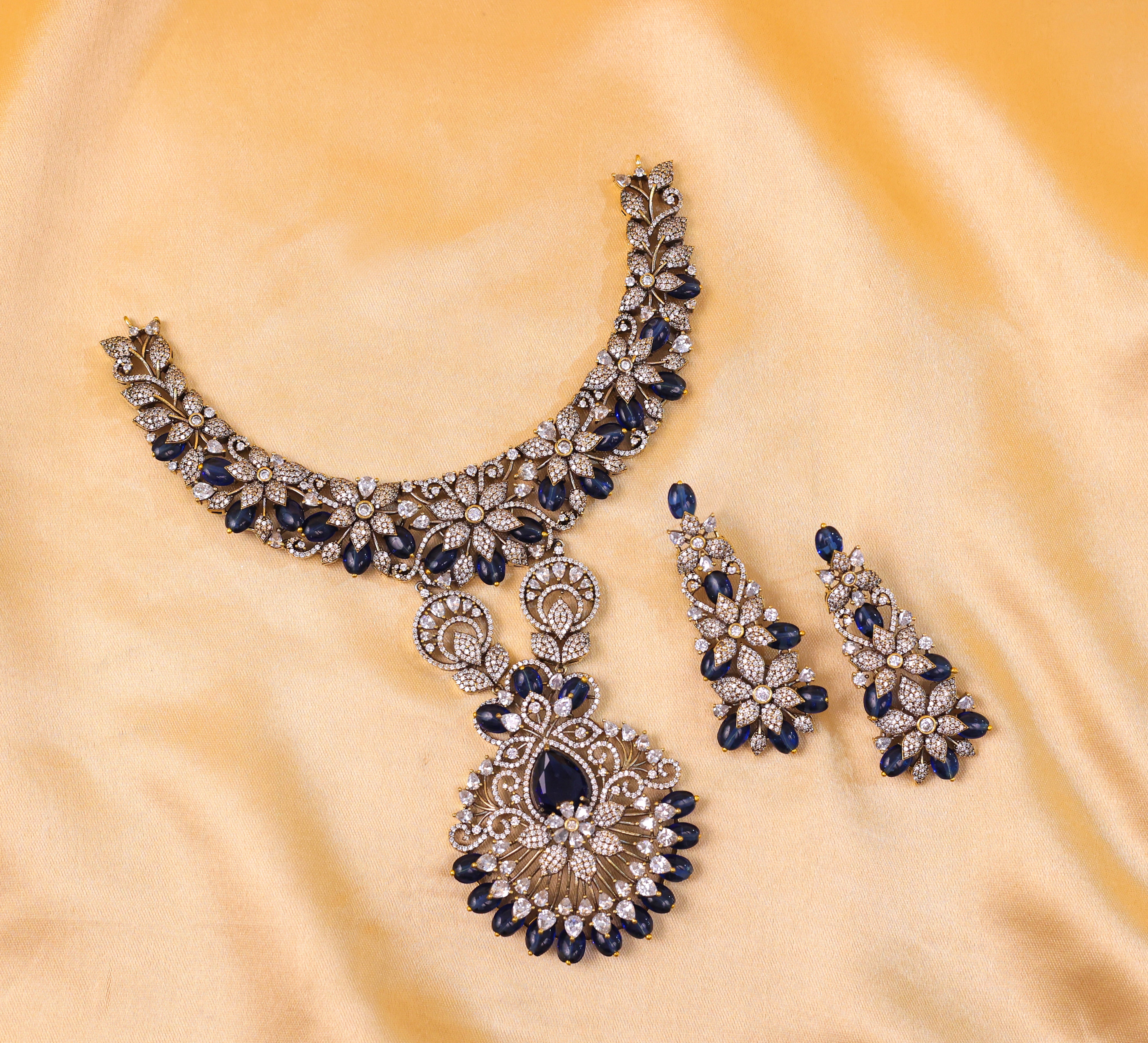 Victorian Antique Necklace Set with Beads & American Diamonds - Adisha Jewels