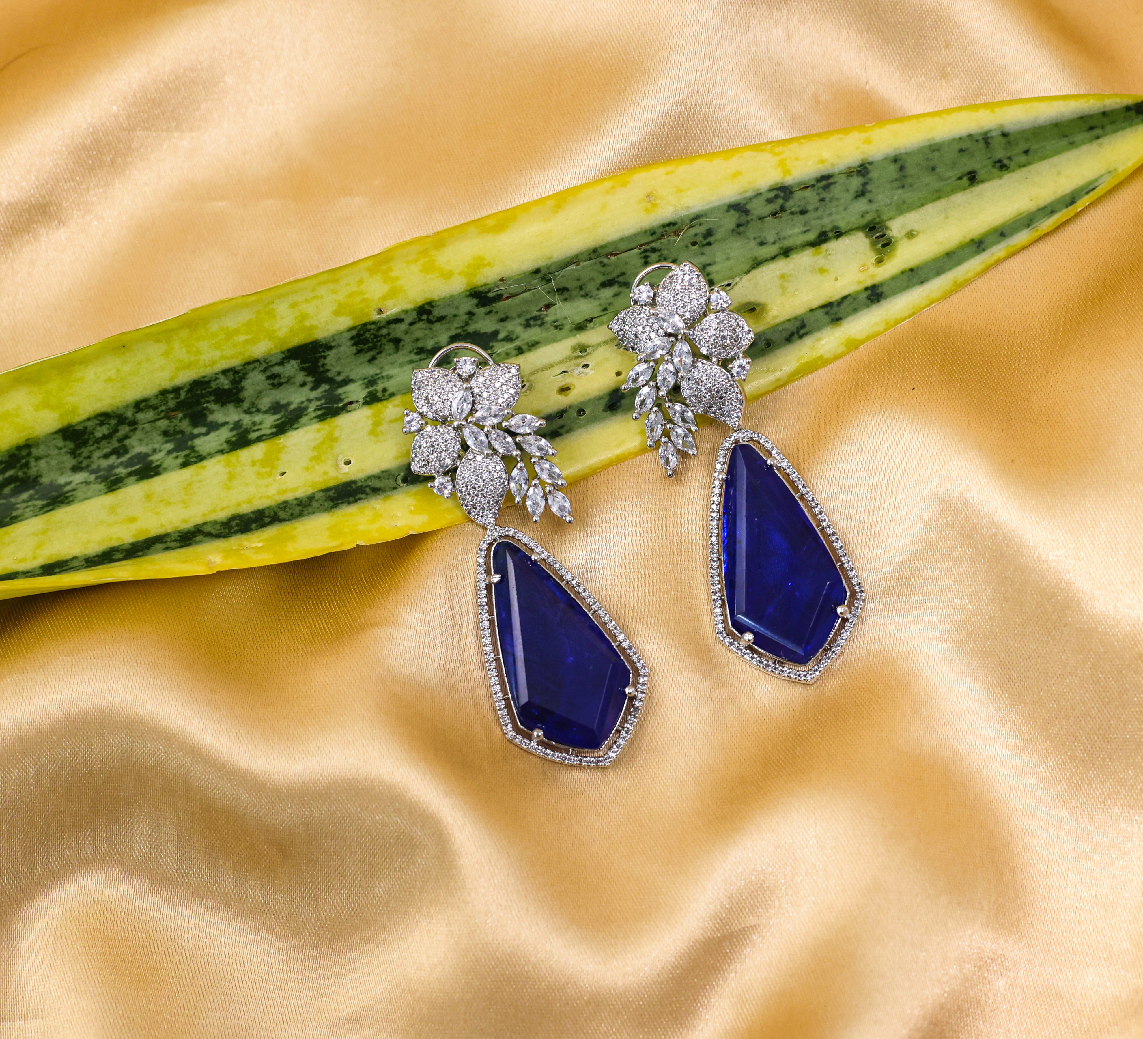 Beaded Earrings with Doublet Stones and CZ in White Rhodium - Adisha Jewels