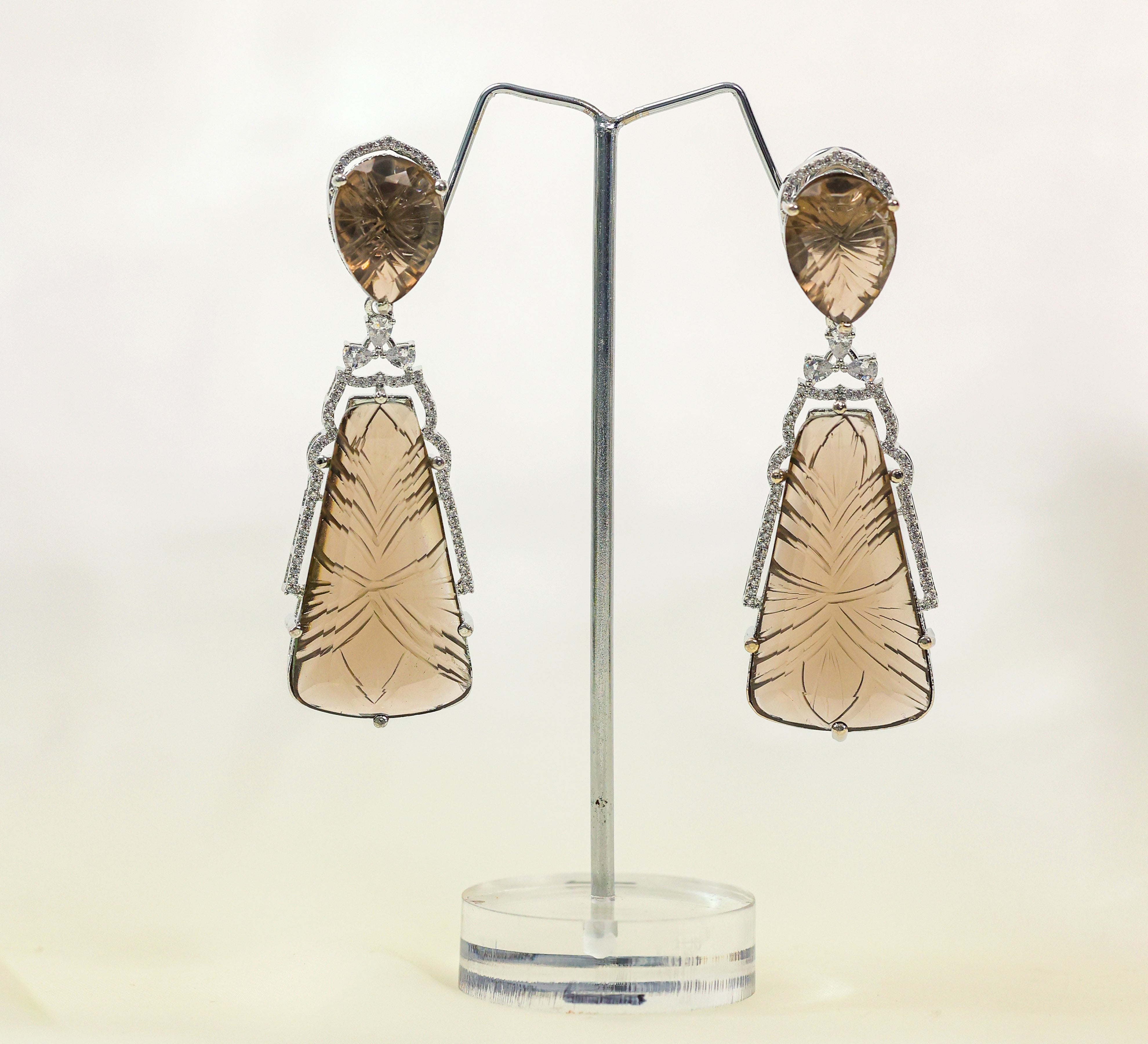 Laser-Cut Earrings with Hydro Stones and Doublet Stones in White Rhodium - Adisha Jewels