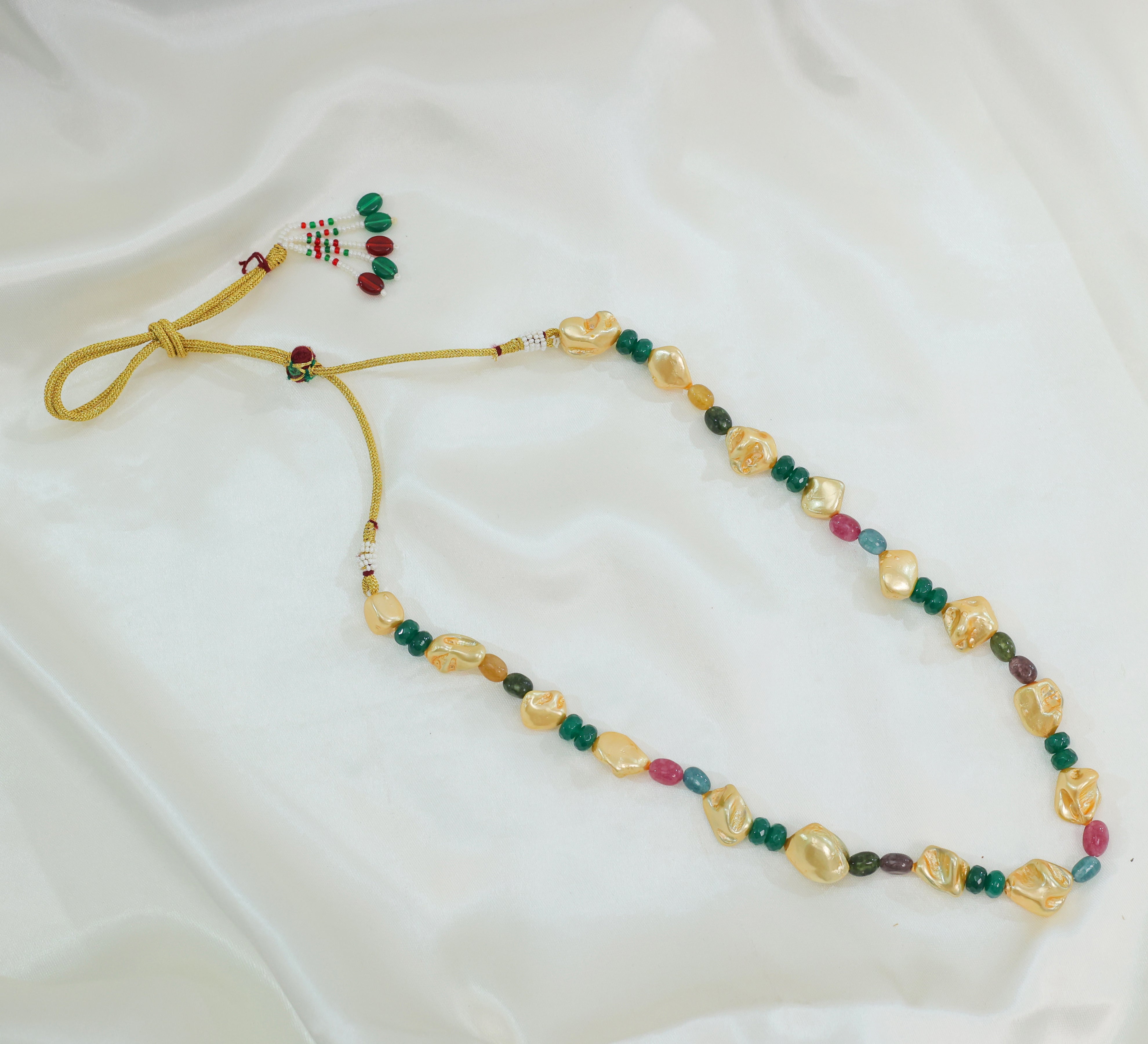 Gold-Plated Single-Layer Mala Set with Uncut Beads, Dumbles, and Duldul Beads - Adisha Jewels