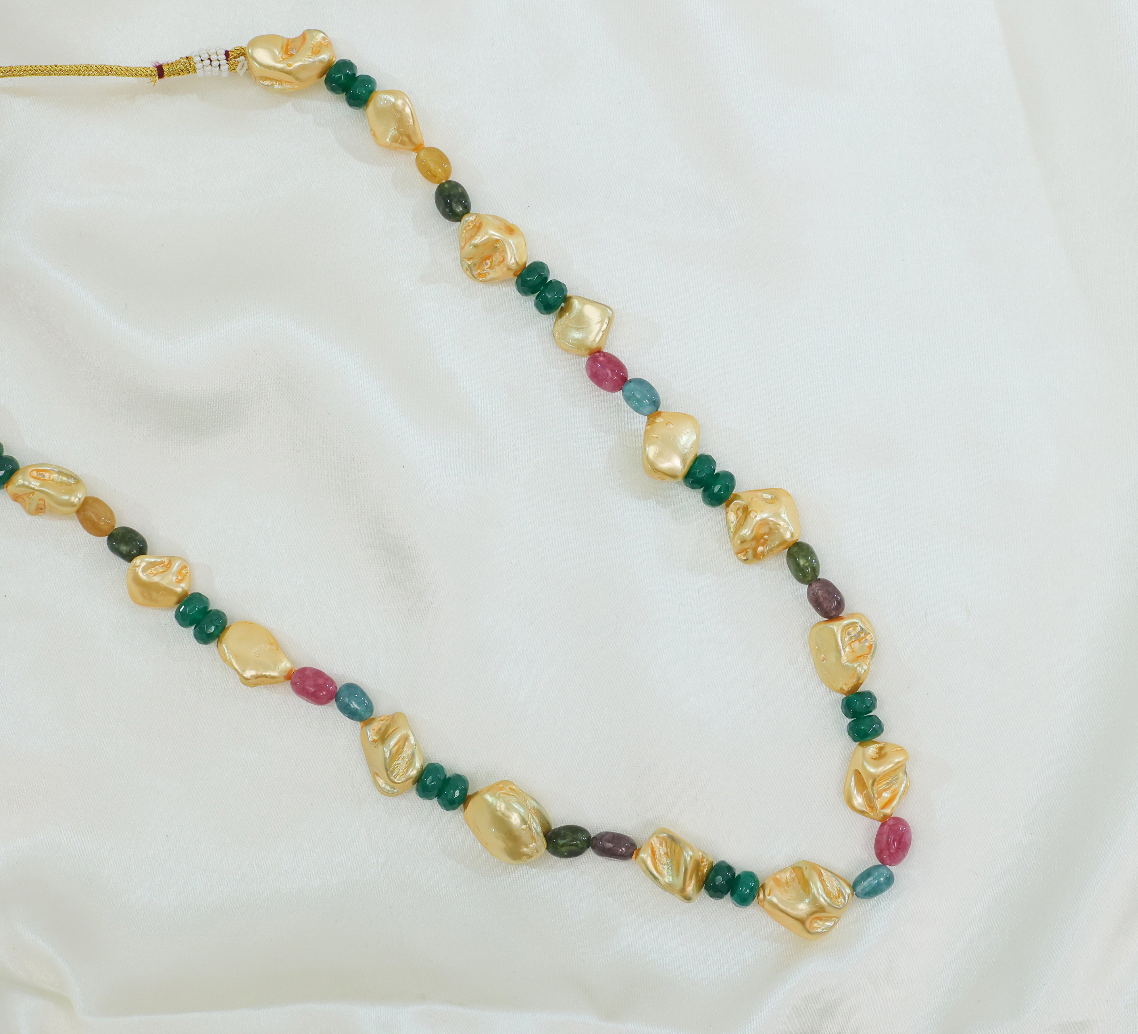 Gold-Plated Single-Layer Mala Set with Uncut Beads, Dumbles, and Duldul Beads - Adisha Jewels