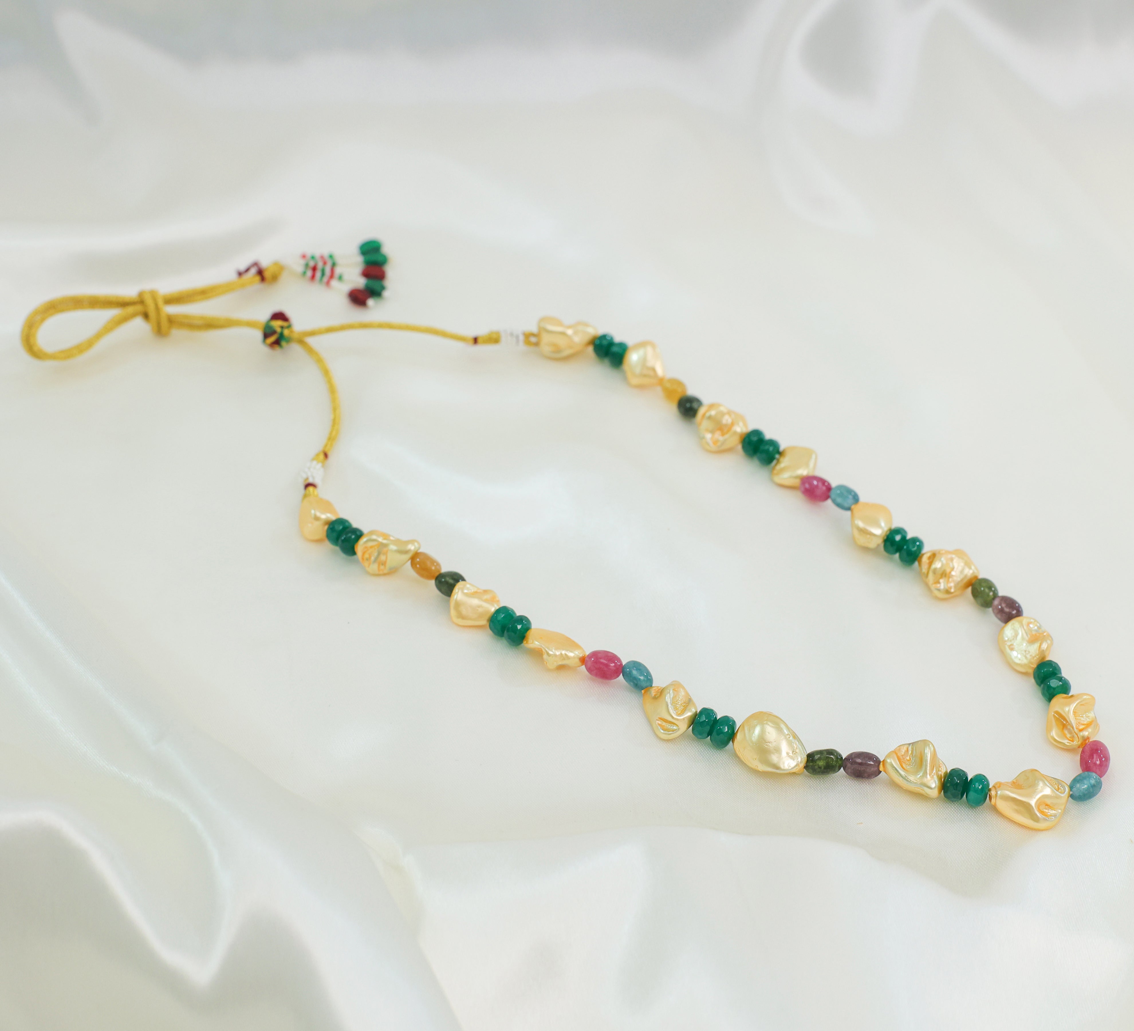 Gold-Plated Single-Layer Mala Set with Uncut Beads, Dumbles, and Duldul Beads - Adisha Jewels