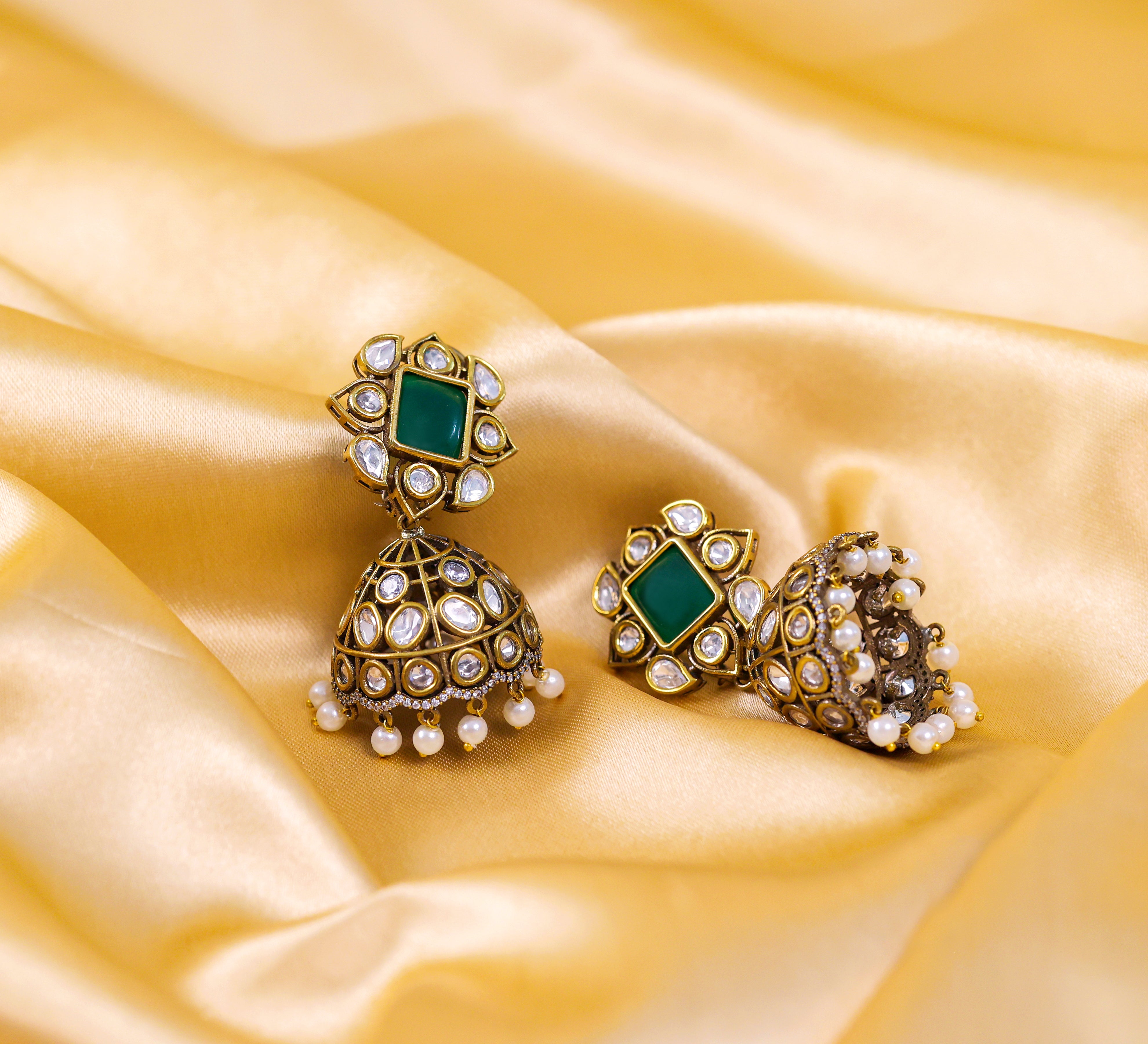 Silver Foil Victorian Jhumki Earrings with Kundan Polki and Hydro Stones - Adisha Jewels