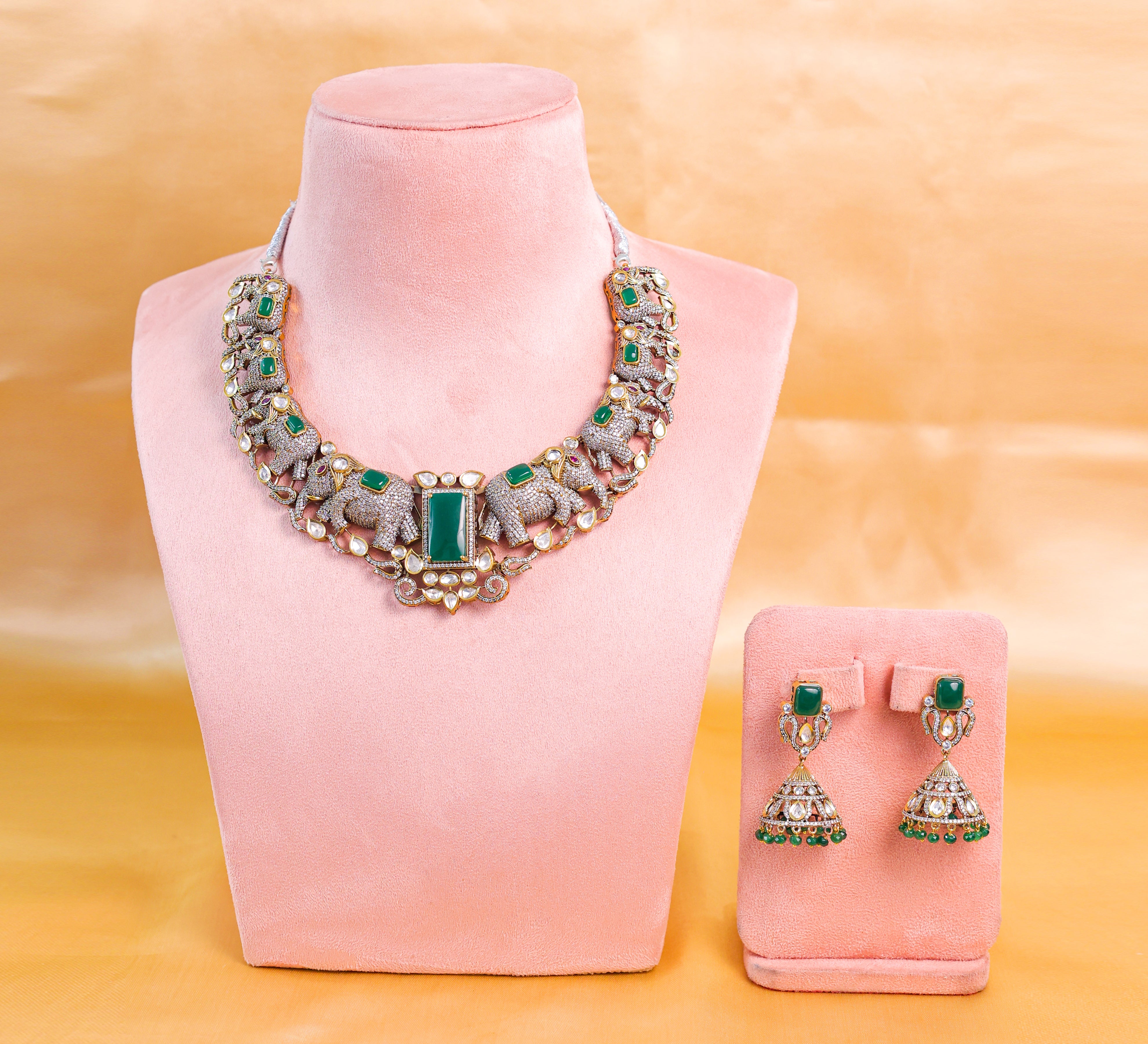 Victorian-Inspired Kundan Polki Necklace Set with Hydro Stones - Adisha Jewels