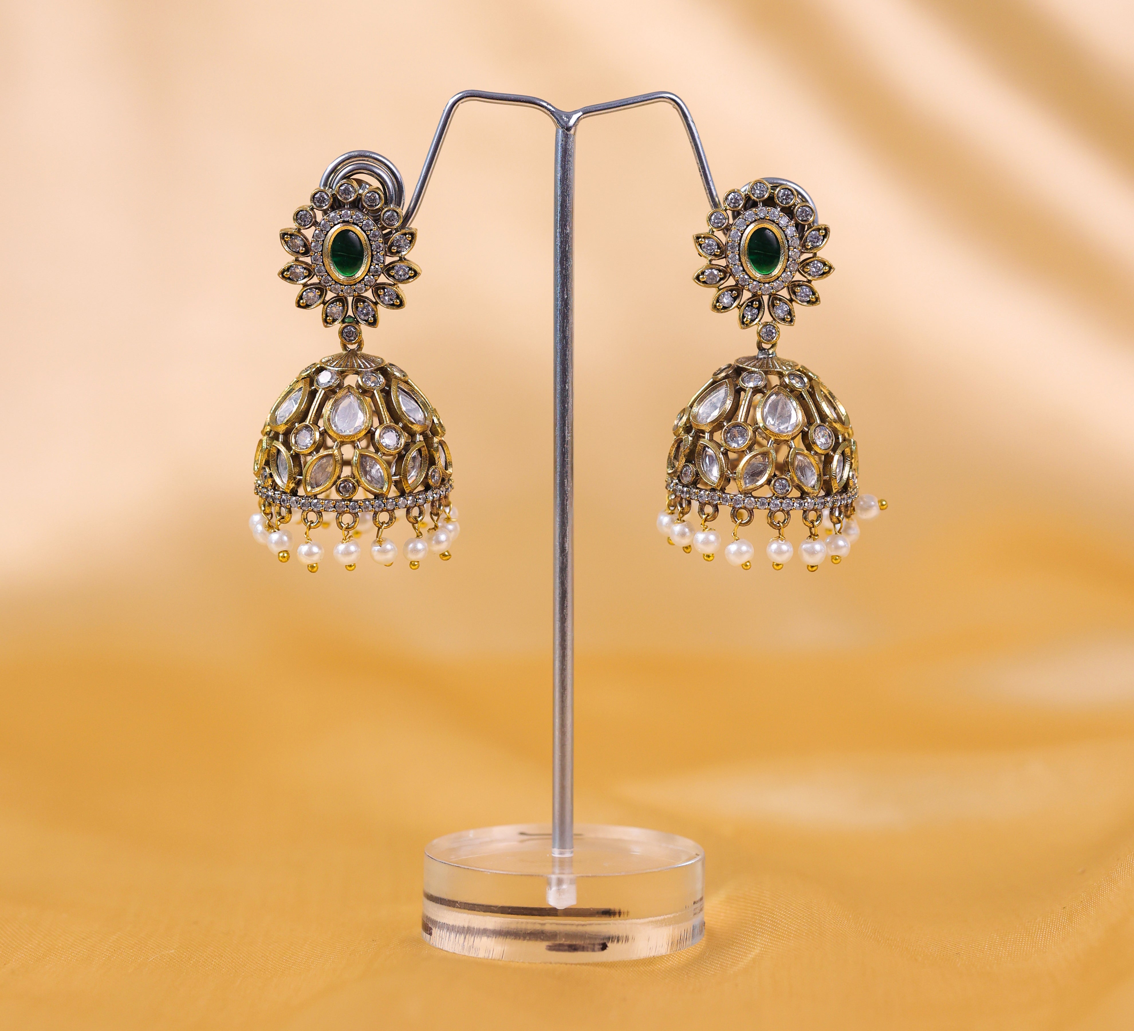 Silver Foil Victorian Jhumki Earrings with Kundan Polki and Hydro Stones - Adisha Jewels