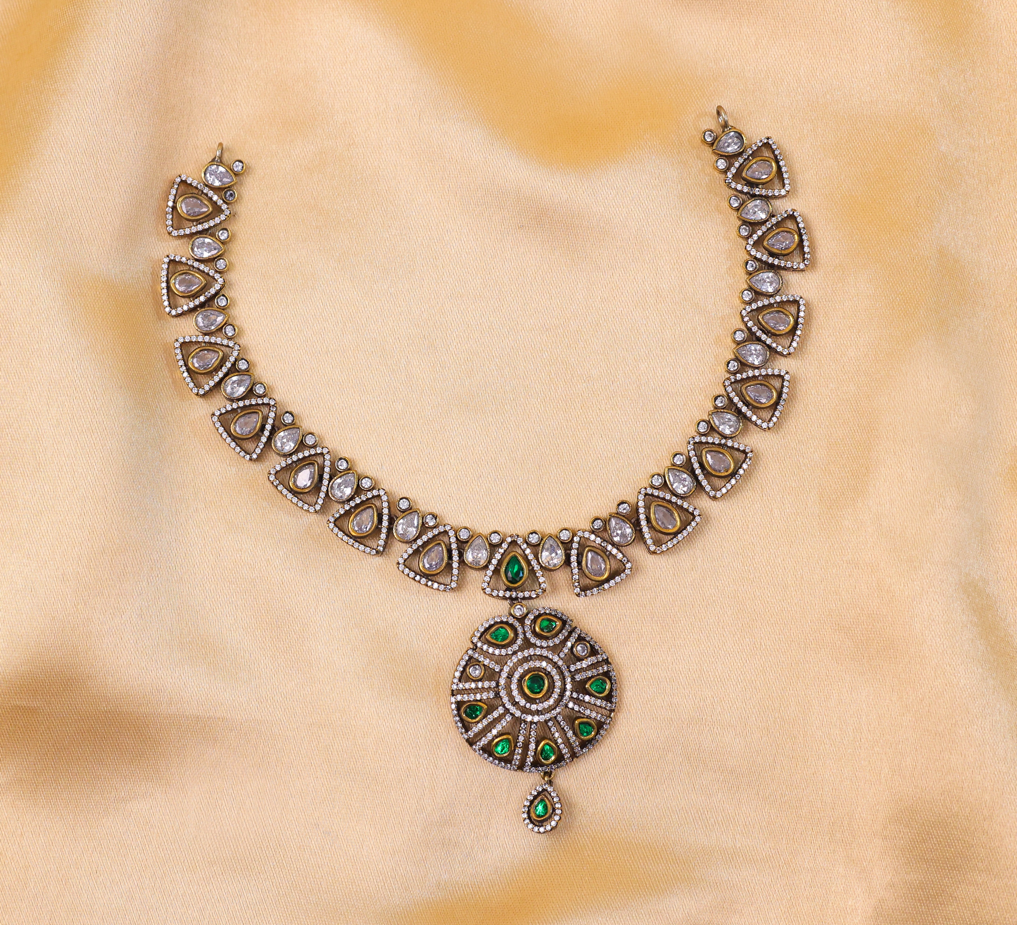 Victorian-Inspired Kundan Polki Necklace Set with Hydro Stones - Adisha Jewels