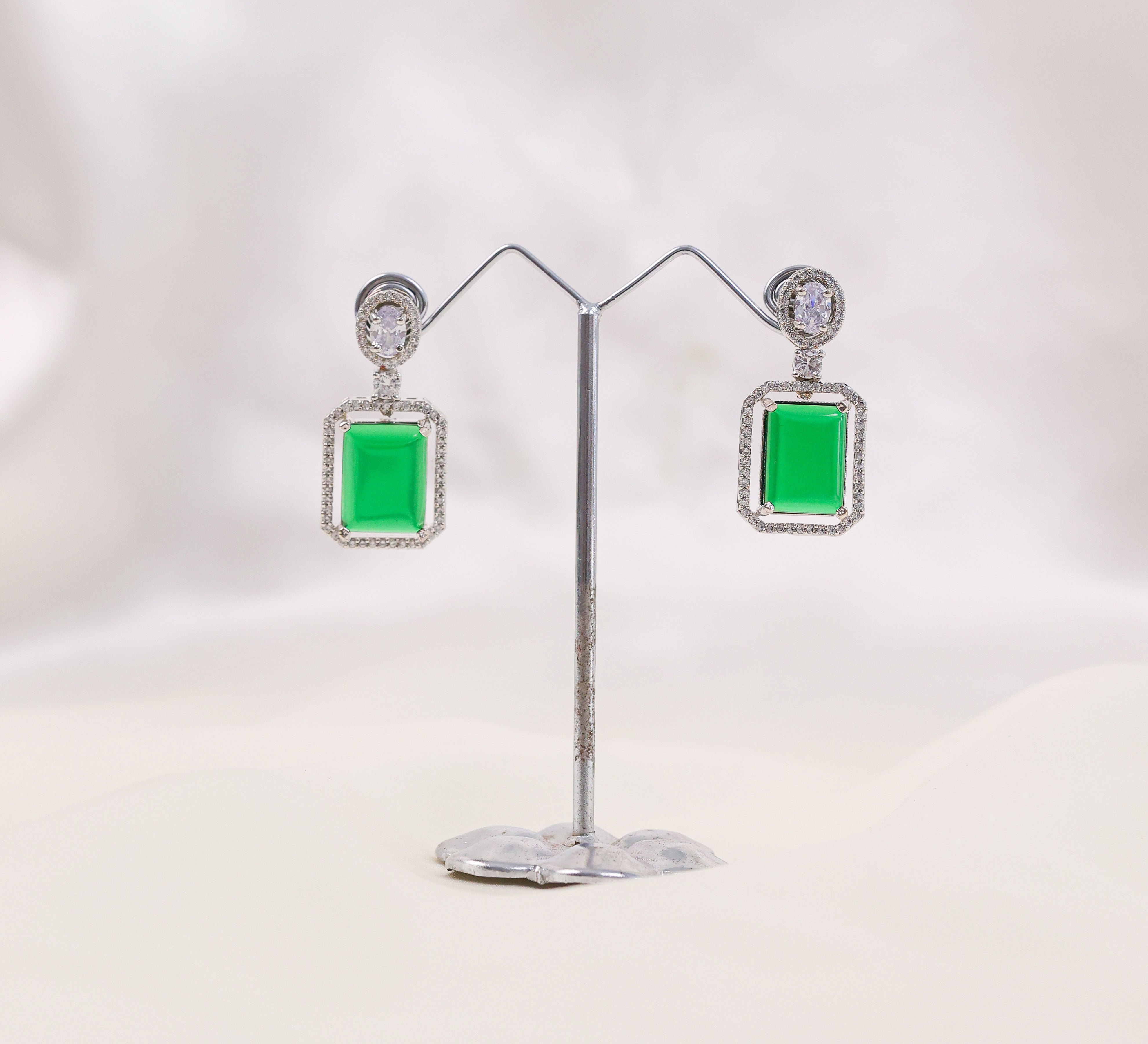 Earrings with Doublet Potta Stones and CZ Accents in White Rhodium - Adisha Jewels